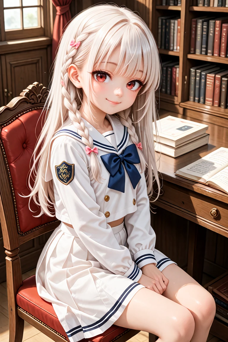 newest, latest, masterpiece, best quality, amazing quality, very aesthetic, absurdres,
cute, cute round face, slender, detailed eyes, detailed hair, kawaii,
1girl, solo,
cowboy shot, from side,
smile, closed mouth, looking at viewer,
white hair, dark-red eyes, long hair with braids,
white sailor school uniform, blue bowtie,
sitting, in library, desk, chair, classic interiors, gothic furnitures