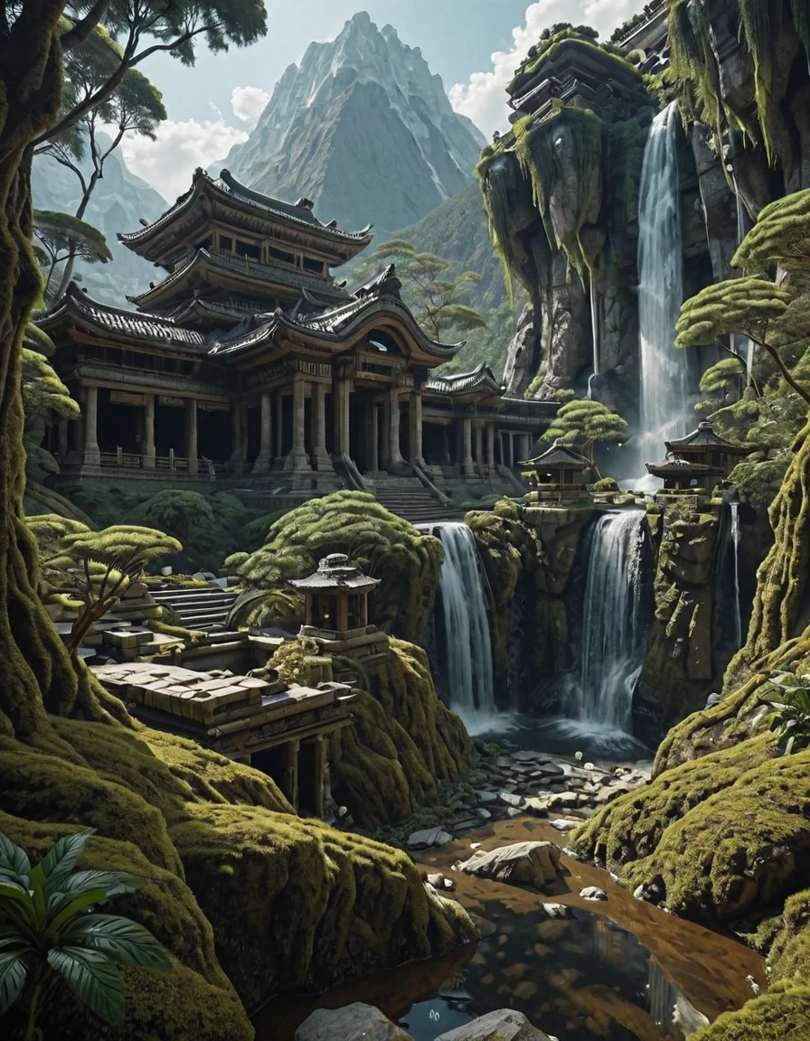 <lora:SWL_Stations1v2ill:0.8> lostst1, mountains, trees, waterfall, jungle, old stone temple, cherry blossom