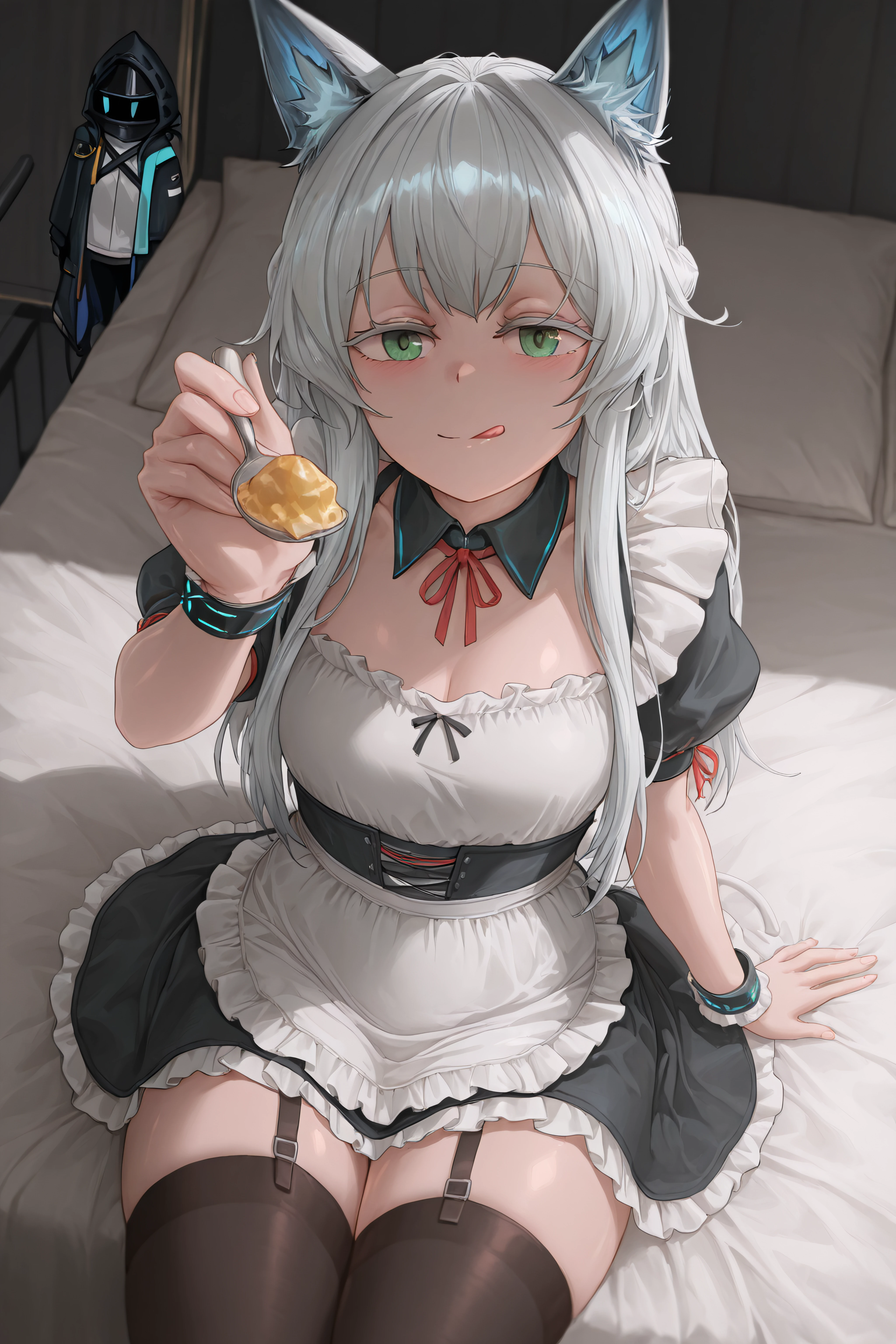 (masterpiece,best quality),<lora:Ahn1style-Illustrious-lora-Faxtron:1> y1o7an, arknights, rosmontis (arknights), arknights,
maid,thighhighs,Licking my lips,<lora:feeding_Illust_v1:1> feeding,lying man,