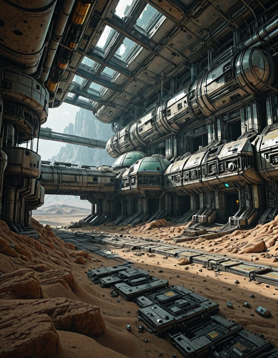<lora:SWL_Stations1v2ill:0.8> lostst1, station, scientific complex, abandoned, metallic, cyberpunk, science fiction, mountains, lights, desert,