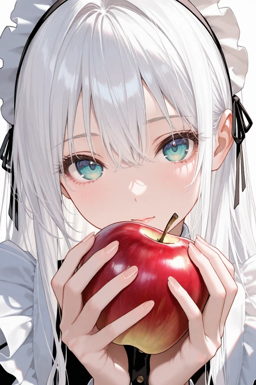 1girl,solo,white hair,long hair,maid,close-up of face,looking at viewer,holding apple, 
masterpiece,best quality,newest,highres,absurdres,