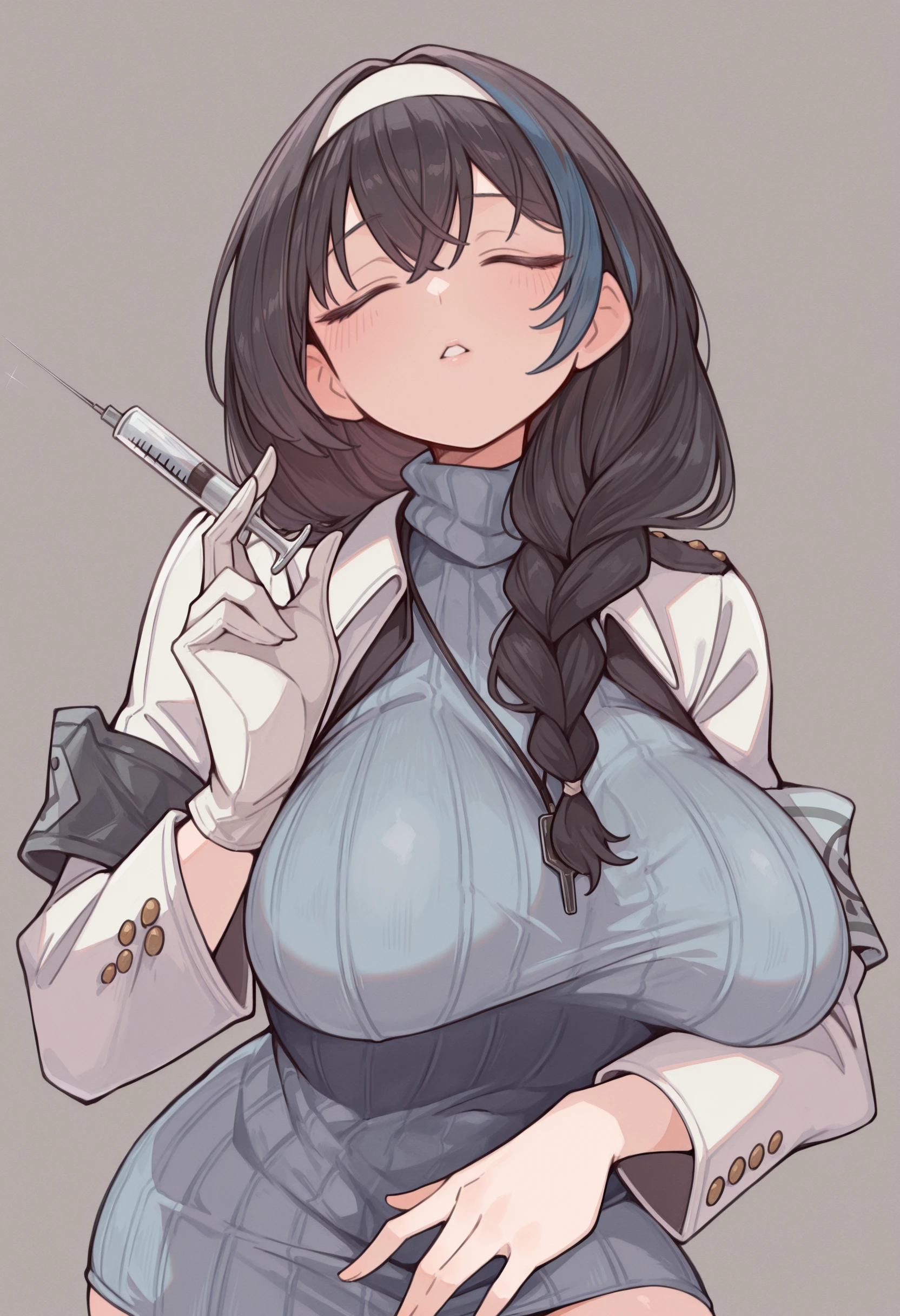 masterpiece, best quality, absurdres, highres, newest, 1girl, solo, <lora:massakasama-style-richy-v1_ixl:1>  <lora:mary-nikke-richy-v1_ixl:1> marydef, closed eyes, black hair, long hair, bangs, hair over shoulder, braid, streaked hair, blue hair, white hairband, blue sweater, turtleneck sweater, ribbed sweater, sweater dress, white jacket, long sleeves, crop jacket, armband, syringe necklace, single glove, white gloves, large breasts, looking at viewer, parted lips,