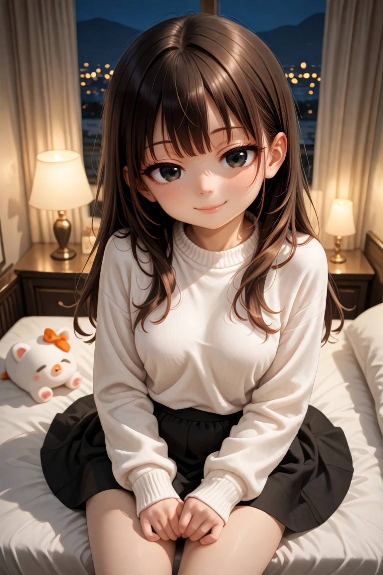 masterpiece, best quality, amazing quality, very aesthetic, absurdres,
cute round face, slender, detailed eyes, detailed hair, kawaii,
1girl, solo,
white sweater, black skirt,
seductive smile, closed mouth, looking at viewer,
(sitting on bed), seductive pose, cowboy shot, (from above:1.2),
indoors, elegant hotel room, bedroom, window, night, (full closed curtain:1.4), fancy interior,
warm lighting, moodie lighting, weak rim light, intensive shadow,
cinematic light, indirect lighting, evening light, depth of field, ultra detailed background,
dark brown hair, black eyes, long hair,