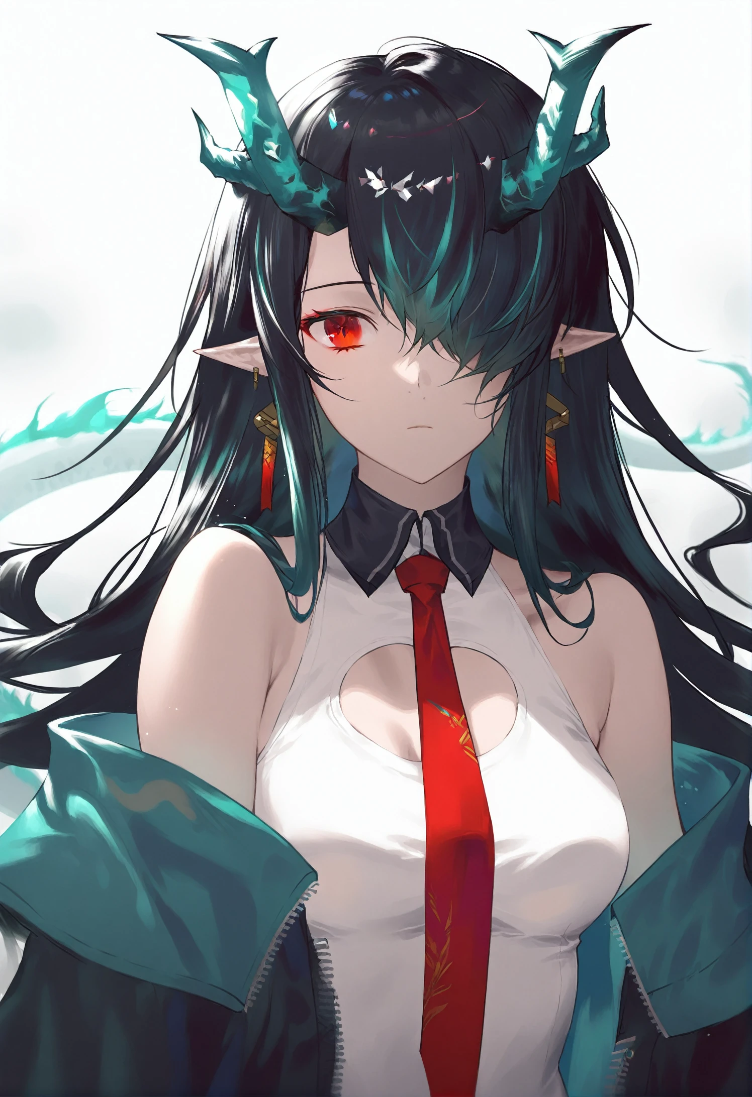 Off-center portrait, Beautiful adult girl, long straight burgundy hair, narrow green eyes, Long eyelashes, a lot of decorations, jewelry, revealing clothes, very large breasts, open bodice, Very deep neckline, open shoulders, insidious satisfied smile, Dark background, pale picture, a lot of details, atmosphere of villainy, shine, tanned skin, Complacency, confidence, pretty haircut, in the background an amorphous black creature made of smoke