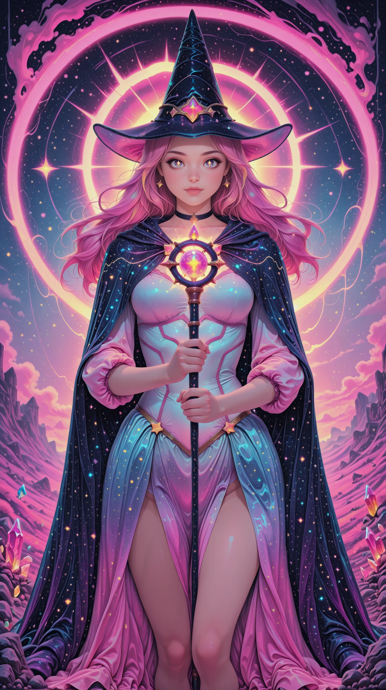 1girl, half body, magical girl, pastel starry cloak, pointy hat, holding glowing crystal staff, moonlit meadow masterpiece, best quality, amazing quality, very aesthetic, absurdres, detailed eyes, newest, neon illustration in the style of pinkneonanime, <lora:PinkieNeonAnimeIL:1>,