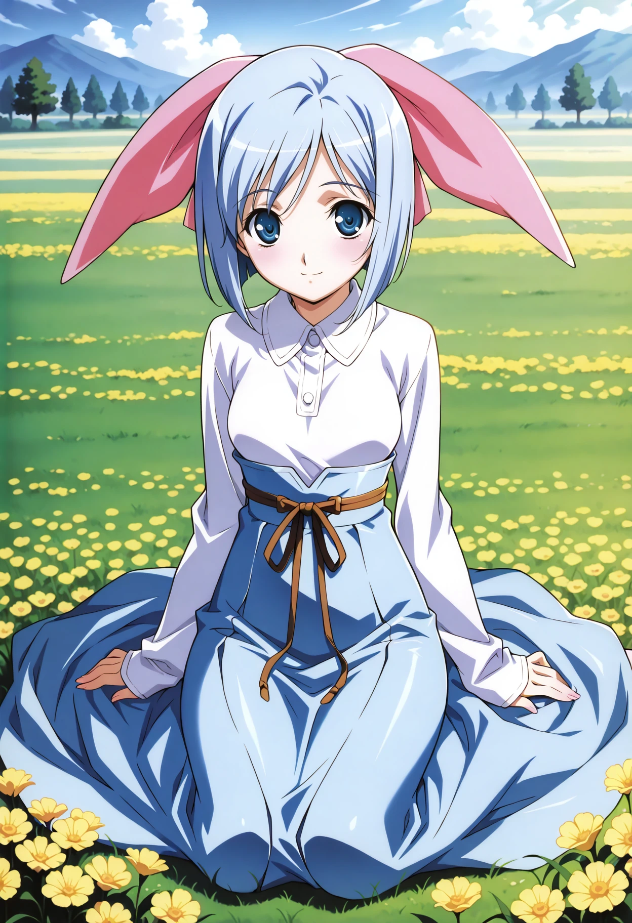 masterpiece, best quality, amazing quality, very aesthetic,absurdres, explicit, <lora:baldrren_IL1-000007:0.95> baldrren, retro artstyle, 1girl, solo, light blue hair, short hair, pink big hair bow, blue eyes, white shirt, high-waist bow skirt, blue skirt, long sleeves, sleeves past wrists, small breasts, sitting, wariza,looking at viewer,light smile, dream field, depth of field, blurry background,