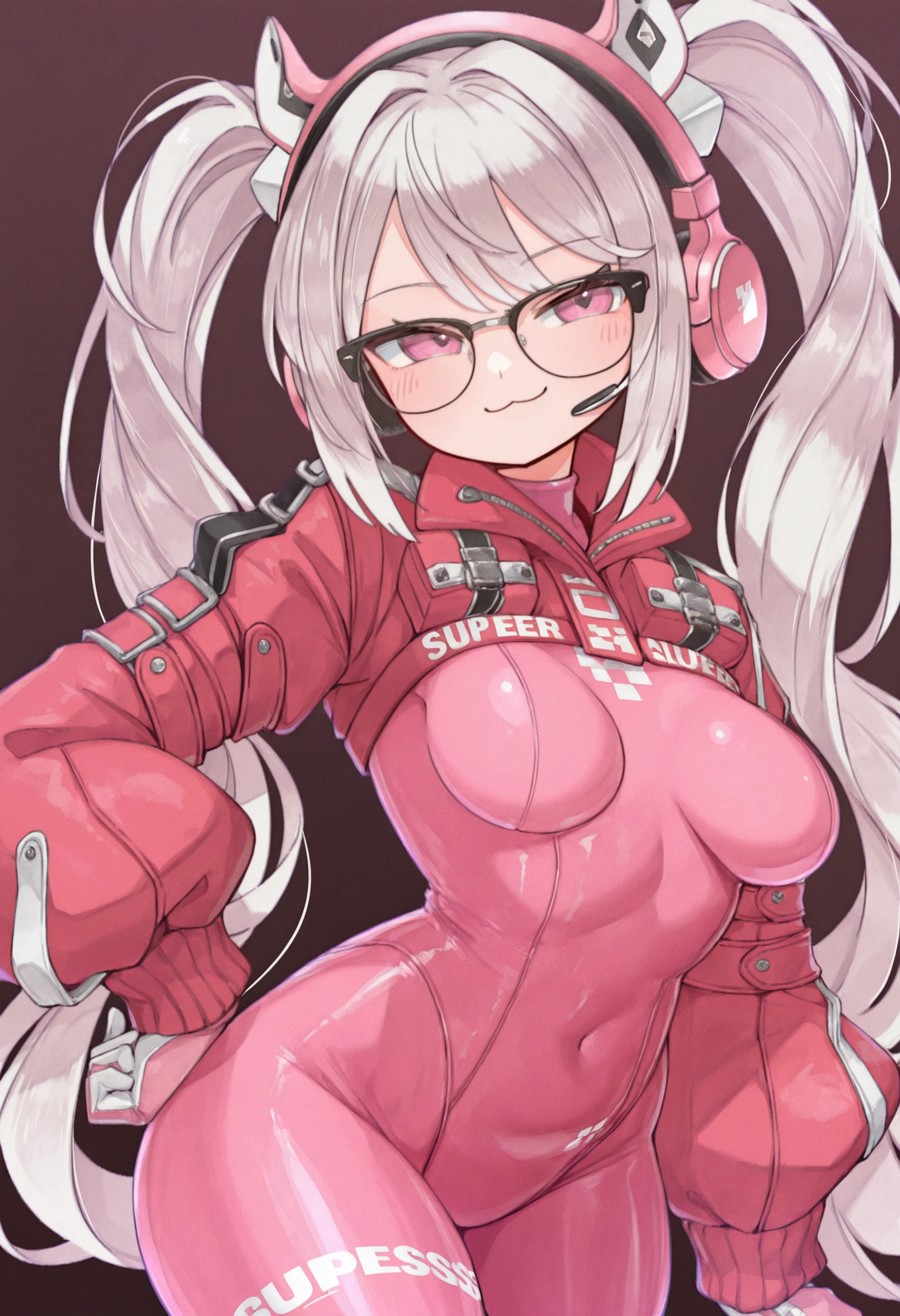 masterpiece, best quality, absurdres, highres, newest, 1girl, solo, <lora:raybanclubmaster-concept-richy-v1_ixl:1> r glassess, black-framed eyewear, <lora:massakasama-style-richy-v1_ixl:1> <lora:alice-nikke-richy-v1_ixl:1> alicedef, pink eyes, white hair, twintails, very long hair, bangs, headset, fake animal ears, animal ear headphones, shrug \(clothing\), long sleeves, medium breasts, pink bodysuit, latex bodysuit, multicolored gloves, pink gloves, white gloves, smile, :3, looking at viewer, smug
