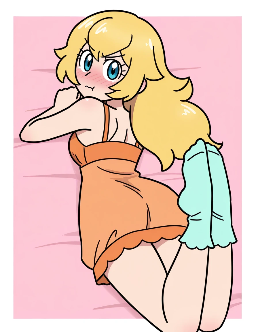 NSFW, 1 girl, star butterfly, blue eyes, blondie hair, long hair, heart shaped cheek marks, female nudity, horn hairband, bedroom background, pink stocking, (pink garterbelt:1.3), sitting at bed