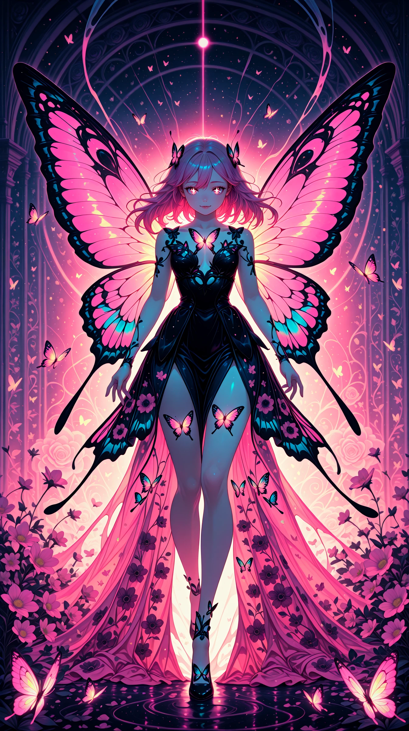 1girl, delicate butterfly wings, glowing eyes, intricate floral patterns, butterflies in flight, ethereal lighting masterpiece, best quality, amazing quality, very aesthetic, absurdres, detailed eyes, newest, neon illustration in the style of pinkneonanime, <lora:PinkieNeonAnimeIL:0.8>,