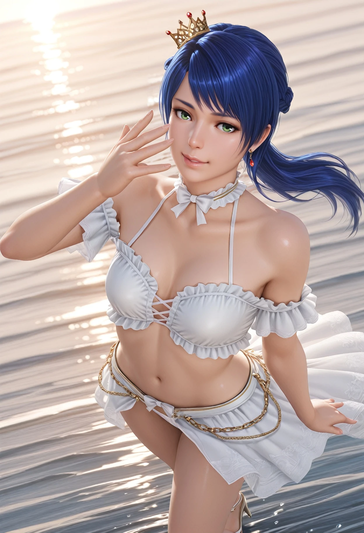 (nsfw:1.2), (8k, foto RAW, melhor qualidade, obra-prima: 1.4), ultra high def, (realista, fotorrealista: 1.48), 13 anos, menina bonita, (see through micro white bikini: 1.48), biquine transparente, Japanese famous actor, (cabelo azul:1.4), cabelo curto, (cabelo sobre um olho:1.3), olhos azuis, head tilt, tiro de cowboy, do lado, olhando para o espectador, no expression, belo lago, Zeiss 150mm f/ 2.8 Hasselblad, corpo inteiro, walk away, super grande angular