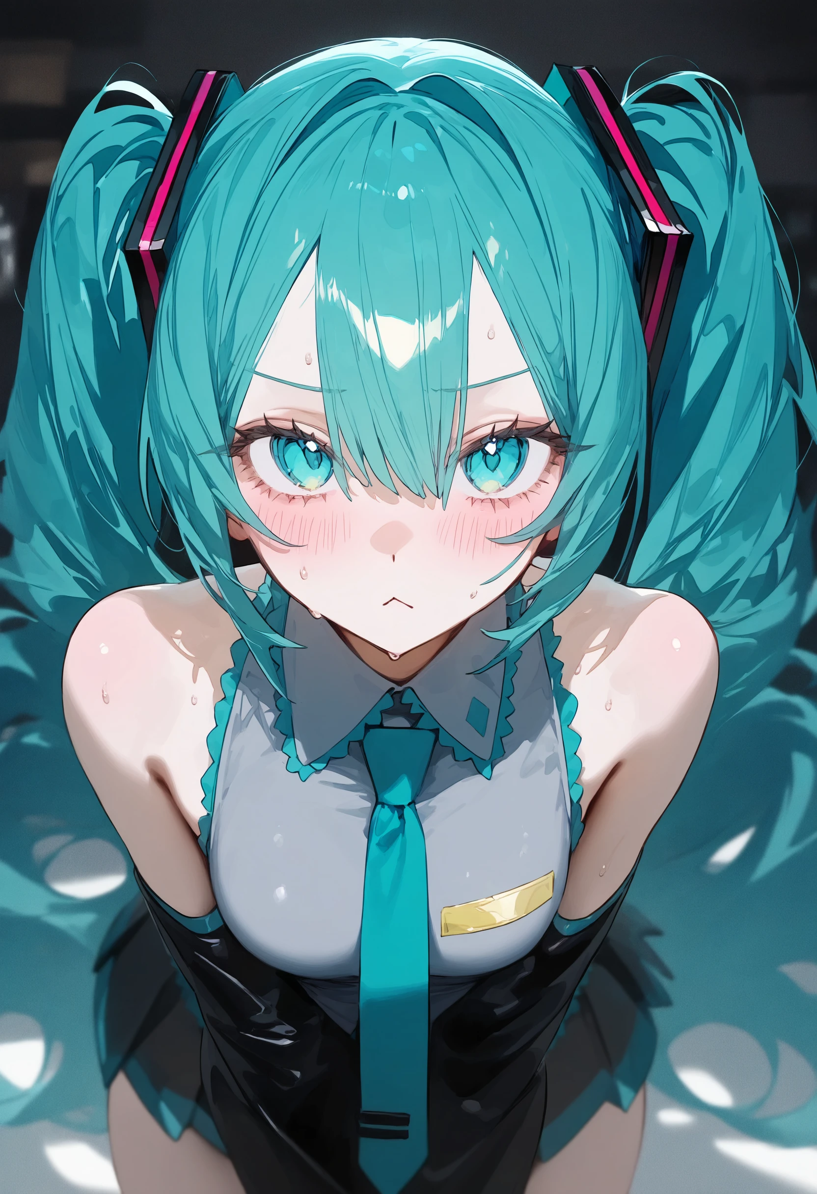 masterpiece, best quality, newest, absurdres, highres, very awa, anime screencap, film grain, limited palette, no lineart, ambient occlusion, depth of field, intricate background, c2Fn, eye focus, painting \(medium\), hatsune miku, 1girl, solo, necktie, looking at viewer, :<, blush, aqua necktie, detached sleeves, shirt, grey shirt, aqua hair, black sleeves, hair between eyes, sleeveless shirt, tie clip, aqua eyes, sleeveless, skirt, , sweatdrop, leaning forward, collared shirt, closed mouth, black skirt,  shoulders, pleated skirt, close-up, eyelashes, blue necktie, , clothes writing, twintails, upper body, v arms, long sleeves, white background, sweat, sidelocks