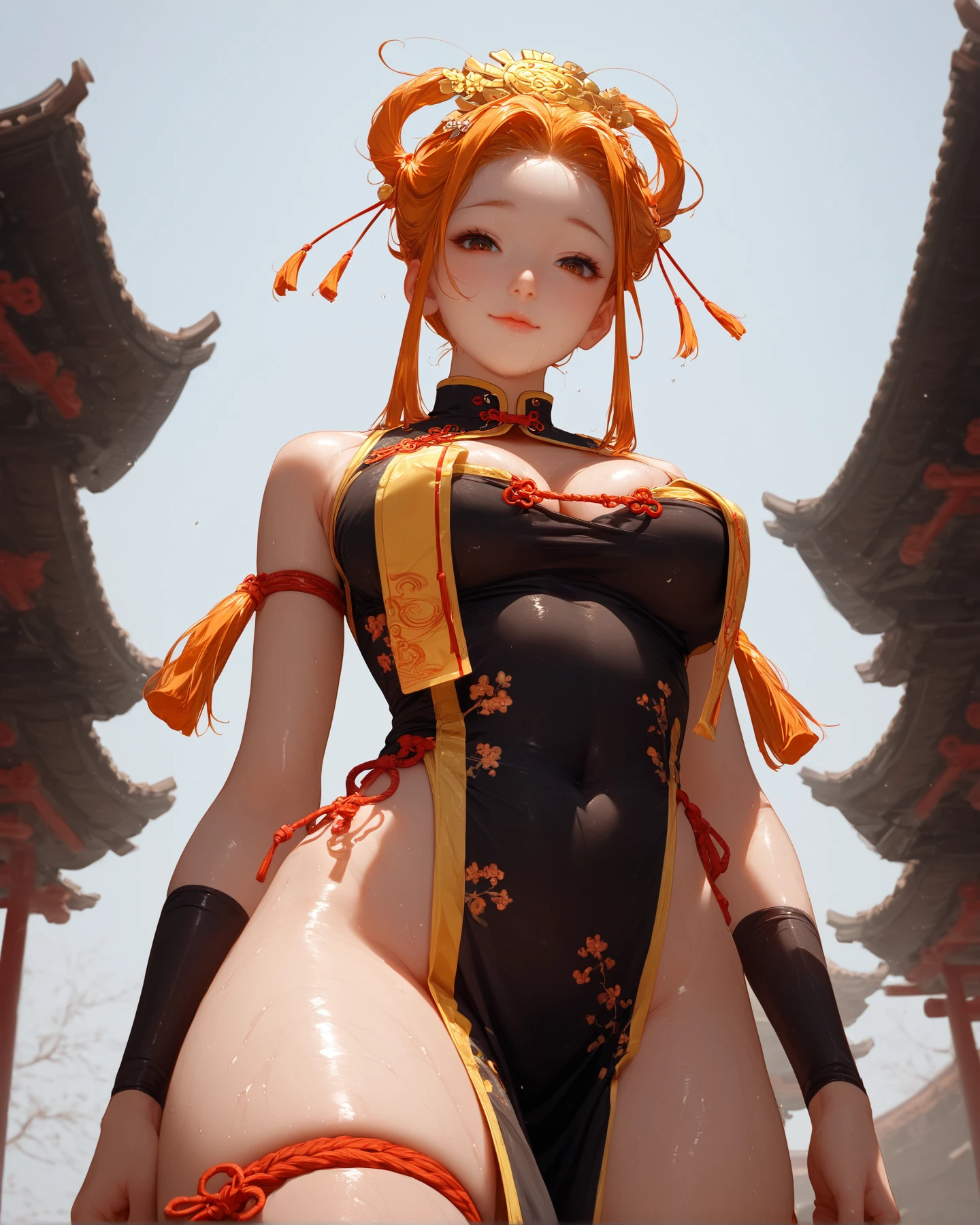 （tmasterpiece，Need，1girll，Solo，The details are complex，color difference），photorealestic，（（Medium breath）），cropped shoulders，huge tit，Raised sexy，Yae Miko，Pink Long Hair，red headgear，Red highlight，Hair above one eye，Green eyes，耳Nipple Ring，sharp look，Perfectly symmetrical figure，Choke，nakeness，against a wall，brick walls，scribbles，dim murky lights，alley，looking at viewert，（（Mean streak，Cleavage is seductive，big breasts enchanting）），（（（sakurabackground))),(((Japanese temple background))), (((Glow-in-the-dark background)))