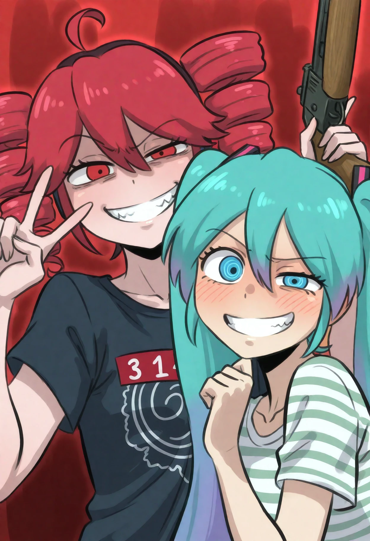 <lora:DittochadBlora02CLScMimicCWR3AdaFix:1>,M1C3S3D7C1H4B8L8R,uncensored, holding handgun,kasane teto, weapon, holding, multiple girls, smile,  shirt, twin drills, red hair, grin, red eyes, drill hair, twintails, striped shirt, 2girls, upper body, black shirt, open mouth, looking at viewer, ahoge, hatsune miku, striped clothes, blue eyes, long hair,  teeth, aqua eyes, rifle, short hair, multicolored hair, short sleeves, uneven eyes, black hair, print shirt, blush, hair between eyes, aqua hair, blue hair, evil grin, evil smile, v-shaped eyebrows, raised eyebrow, v,
saturated, rich_colors,masterpiece, best_quality, very_awa, absurdres, very_as2, hdr, High_dynamic_range, rich_details, clear_shadows_and_highlights, intense, enhanced_contrast, highly_detailed, amazing_quality, very_aesthetic