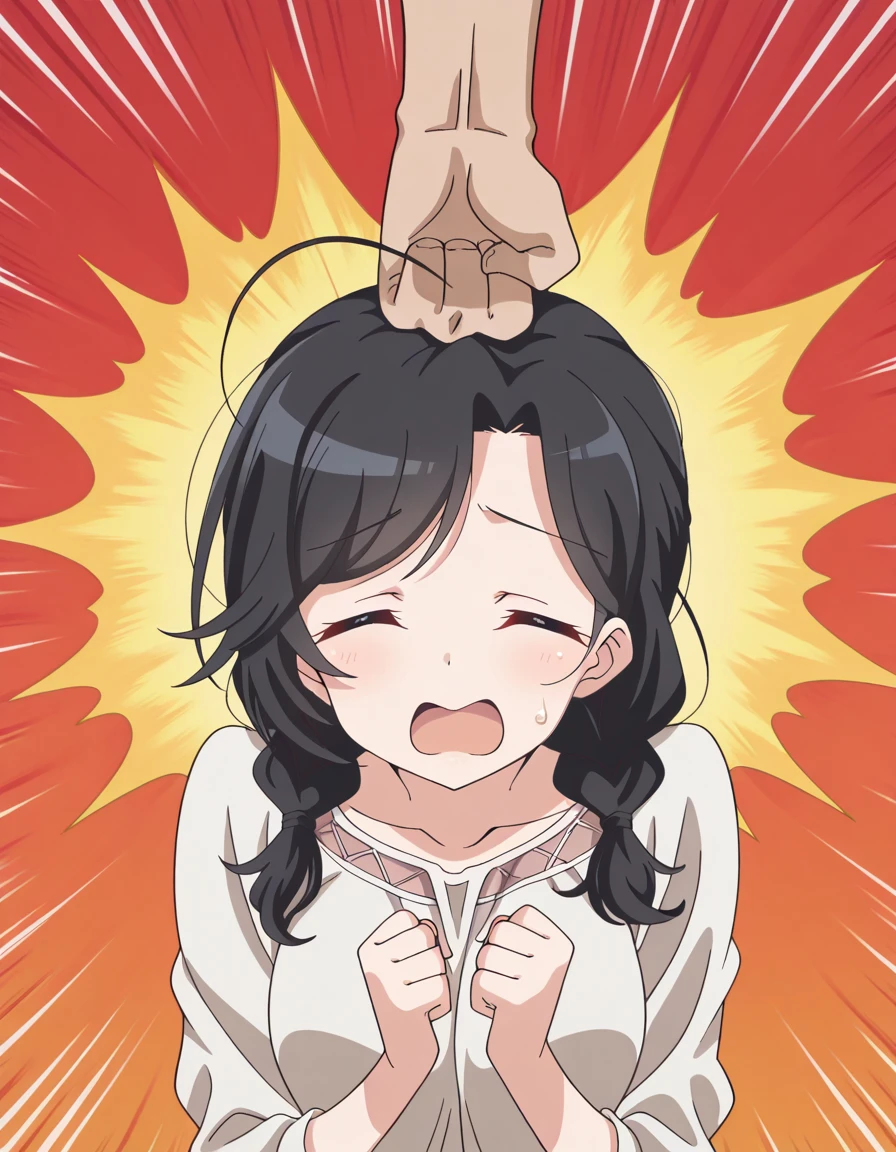 masterpiece, best quality, amazing quality,, <lora:kozue-kuranaga-s1-ponyxl-lora-nochekaiser:1>, kozue kuranaga, black hair, twintails, braid, ahoge, twin braids, mature female, small breasts, anime screencap, <lora:punching-top-of-head-illustriousxl-lora-nochekaiser:1>, punching top of head, punching, emphasis lines, open mouth, clenched fist, closed eyes, simple background, , ,