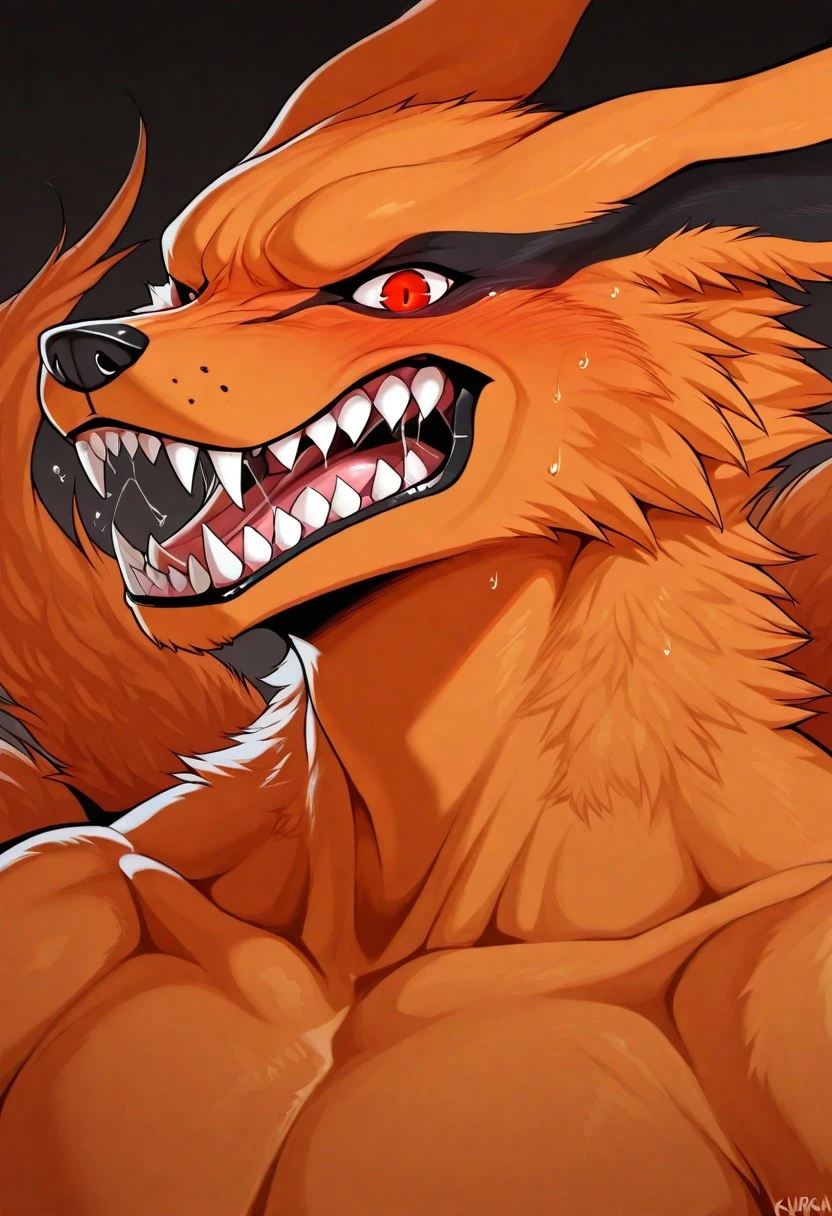 masterpiece, best quality, amazing quality, solo,Anthro,fox,kurama,red eyes,sharp teeth,orange fur,tall male,animal ears,tail,