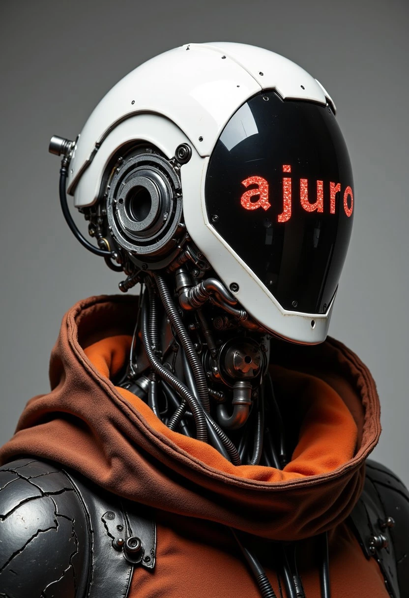 cpstyle01. This is a highly detailed, CGI-rendered image of a futuristic, humanoid robot head and neck. The robot's head is primarily white with a glossy, reflective surface, featuring a large, circular visor that displays a vibrant, pixelated pattern of red and gray squares, reminiscent of a digital display or a computer interface. The visor is slightly curved and positioned slightly off-center, giving it a futuristic, high-tech appearance. Glitchy, distorted text reading "ajuro" flickers intermittently on the visor, adding an eerie, unsettling atmosphere to the scene.
The robot's neck and upper body are covered in intricate, metallic components and wires, painted in a sleek, dark gray color, giving it a mechanical, industrial look. The robot's head is integrated with a worn hood or scarf, which is draped over its shoulder and neck, adding a contrasting, vibrant color to the otherwise monochromatic metallic body. The hood appears to be made of a thick, textured material, possibly a high-tech fabric, with visible creases and folds. The background is a solid, muted gray, providing a stark contrast that makes the robot stand out. The overall aesthetic of the image combines elements of cyberpunk and sci-fi design, with a high level of detail and texture, emphasizing the futuristic, advanced technology theme, while the glitchy text on the visor invokes a sense of mystery and unease.