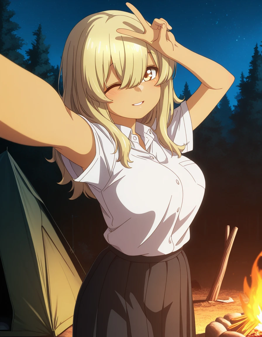 masterpiece, best quality, amazing quality,, <lora:kana-higa-s1-illustriousxl-lora-nochekaiser:1>, kana higa, long hair, bangs, blonde hair, hair between eyes, yellow eyes, mature female, breasts, anime screencap, skirt, school uniform, black skirt, collared shirt, short sleeves, pleated skirt, long skirt,, camping, bonfire, tent, stargazing, marshmallows, forest clearing, night, smile, arm up, foreshortening, looking at viewer, outstretched arm, reaching, reaching towards viewer, v, parted lips, one eye closed, cowboy shot, looking at viewer, solo,, cowboy shot, solo
