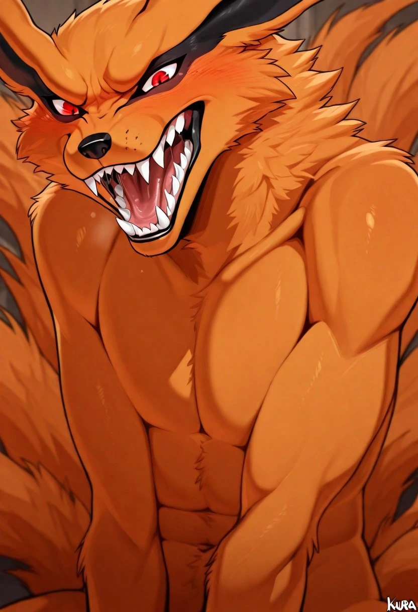 masterpiece, best quality, amazing quality, solo,Anthro,fox,kurama,red eyes,sharp teeth,orange fur,tall male,animal ears,tail,