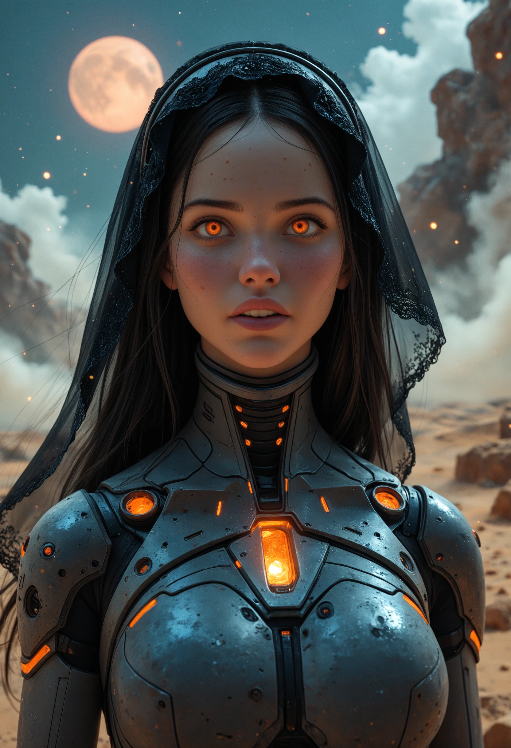 masterpiece, high_quality, highres, sharp_focus, detailed_eyes,
woman, face_focus, looking_at_viewer, blush, floating, long_hair, veil, front_particles, desert, ruin, fog scifi, cyberpunk, grunch, fantasy, chromatic_colors, upper_body_view, night, dynamic, cinematic, portrait, dynamic_motion, action, walking, dynamic_angle