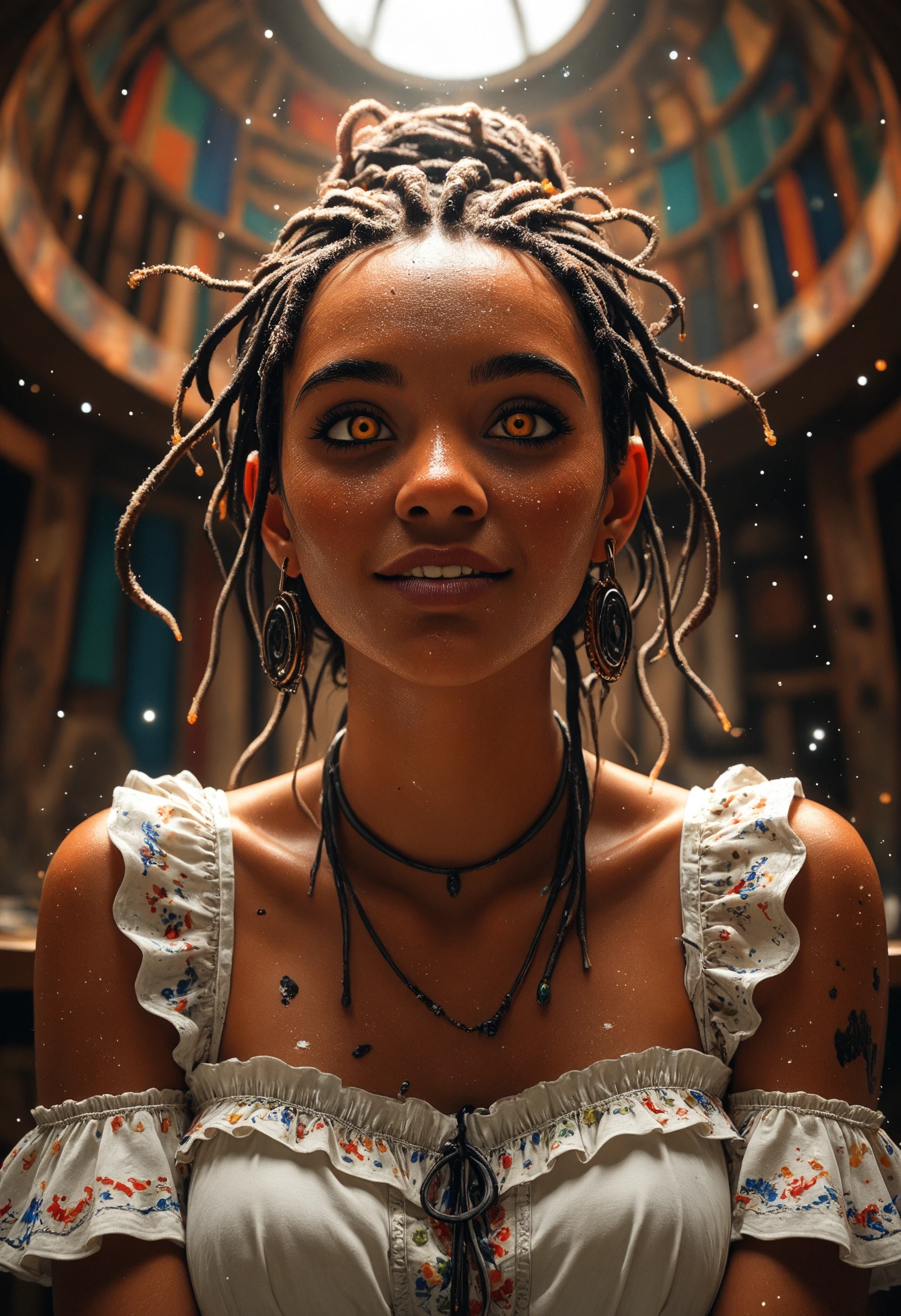 masterpiece, high_quality, highres, sharp_focus, detailed_eyes, Fantasy, (Grunge), portrait,
1girl, African, woman, messy_hair_bun, dreadlocks, white_hair, very_long_hair, side_bangs, frilly_dress, side_glance, looking_at_viewer,
sitting_cute, gentle_smile,
ink_splash, neon_drips, colorful,
face_focus, dynamic, fisheye_angle, from_below,
high_fashion, earrings, jewelry, light_particles