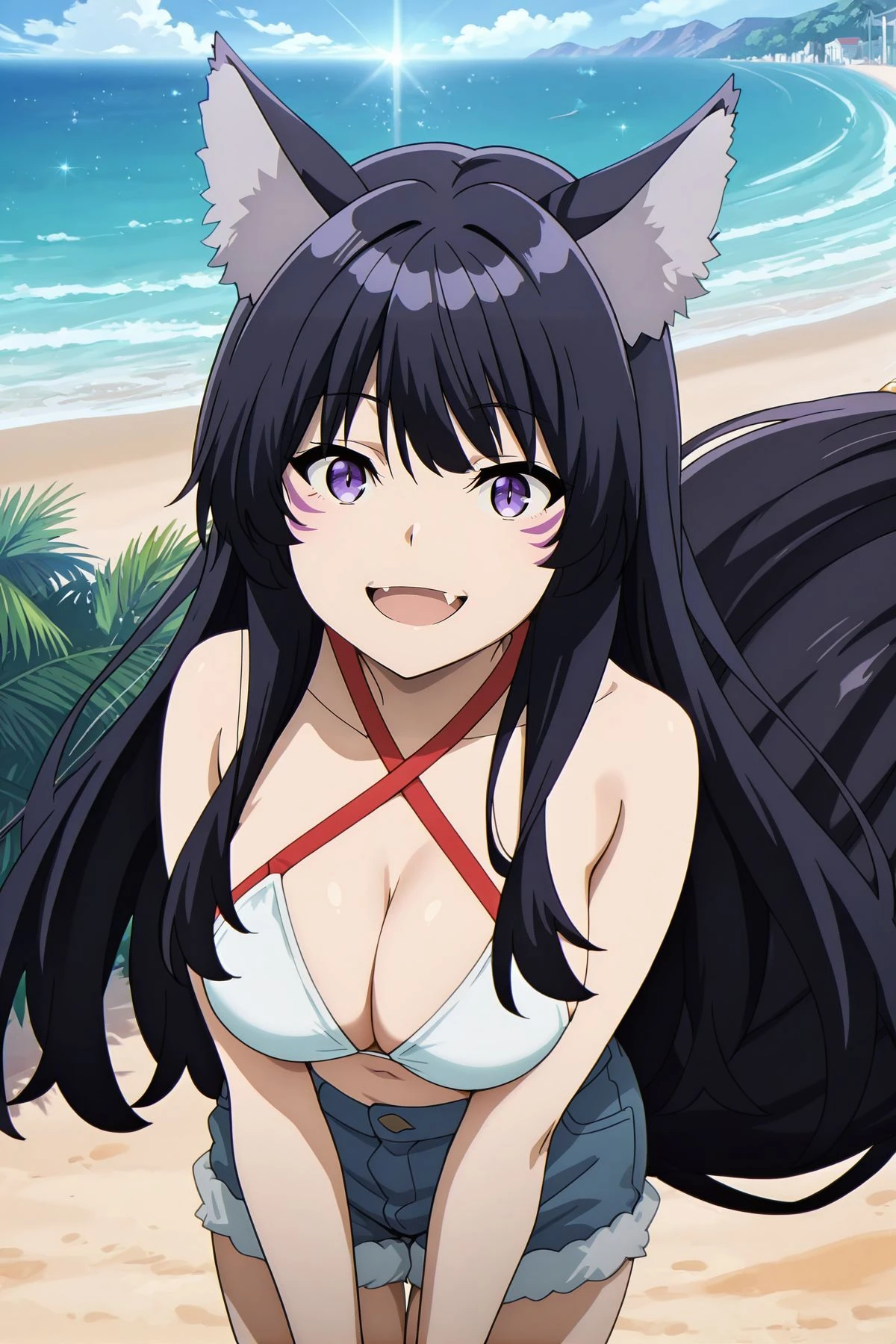absurdres, highres, masterpiece, best quality, amazing quality, official anime artwork, screencap, anime screencap, outdoors, looking at viewer, light smile, standing,
<lora:Delta_Illustrious:1> Delta, 1girl, solo, purple eyes, black hair, long hair, wolf ears, animal ears fluff, wolf tail, facial mark, large breasts,, criss-cross halter, red halterneck, white bikini top, denim shorts, open mouth, fang,