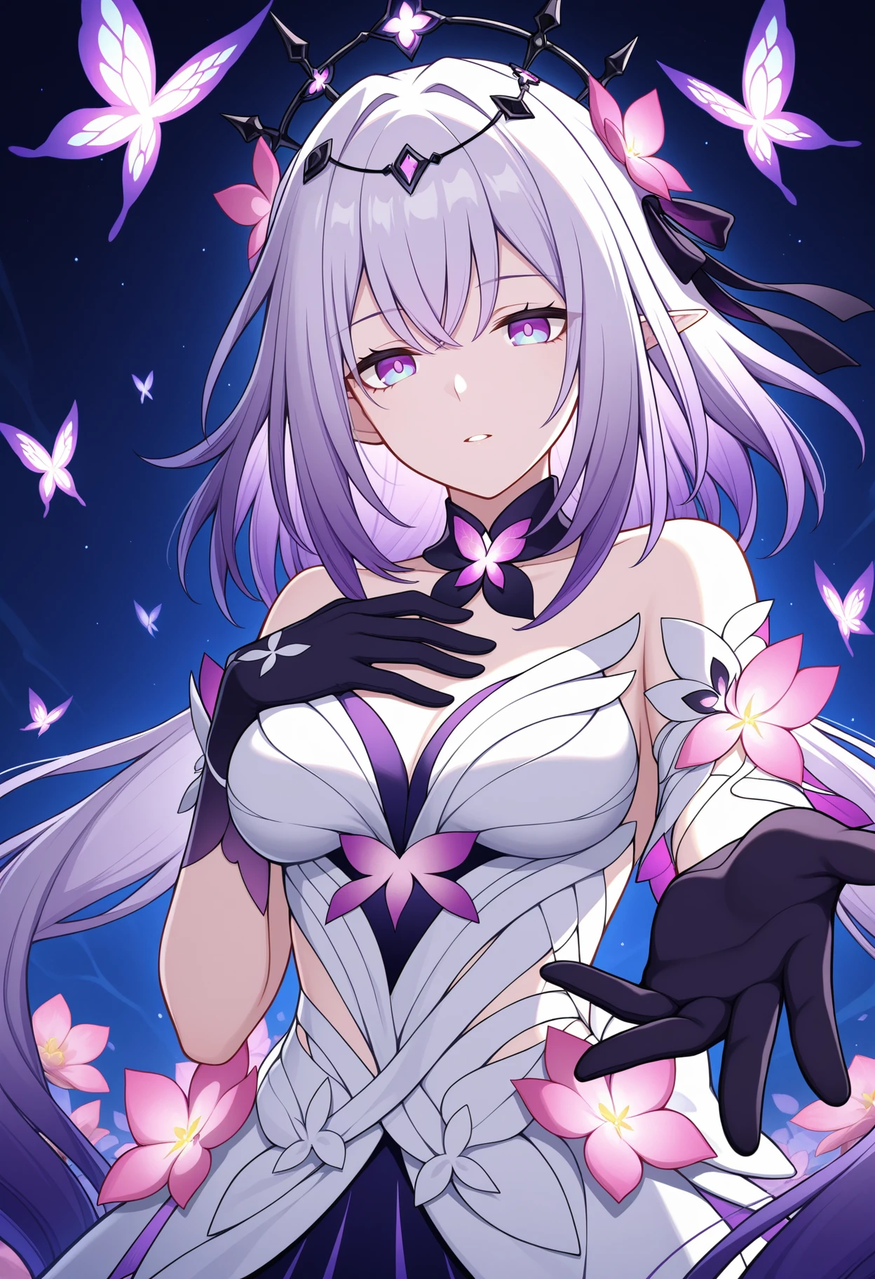 masterpiece, best quality, good quality,
1girl, castorice \(honkai: star rail\), black bow, black choker, black gloves, bow, breasts, choker, dress, butterfly, pink flower, gloves, hair bow, long hair, looking at viewer, medium breasts, parted lips, pointy ears, purple eyes, purple hair, solo, upper body, white dress, hand on own chest, reaching, reaching towards viewer