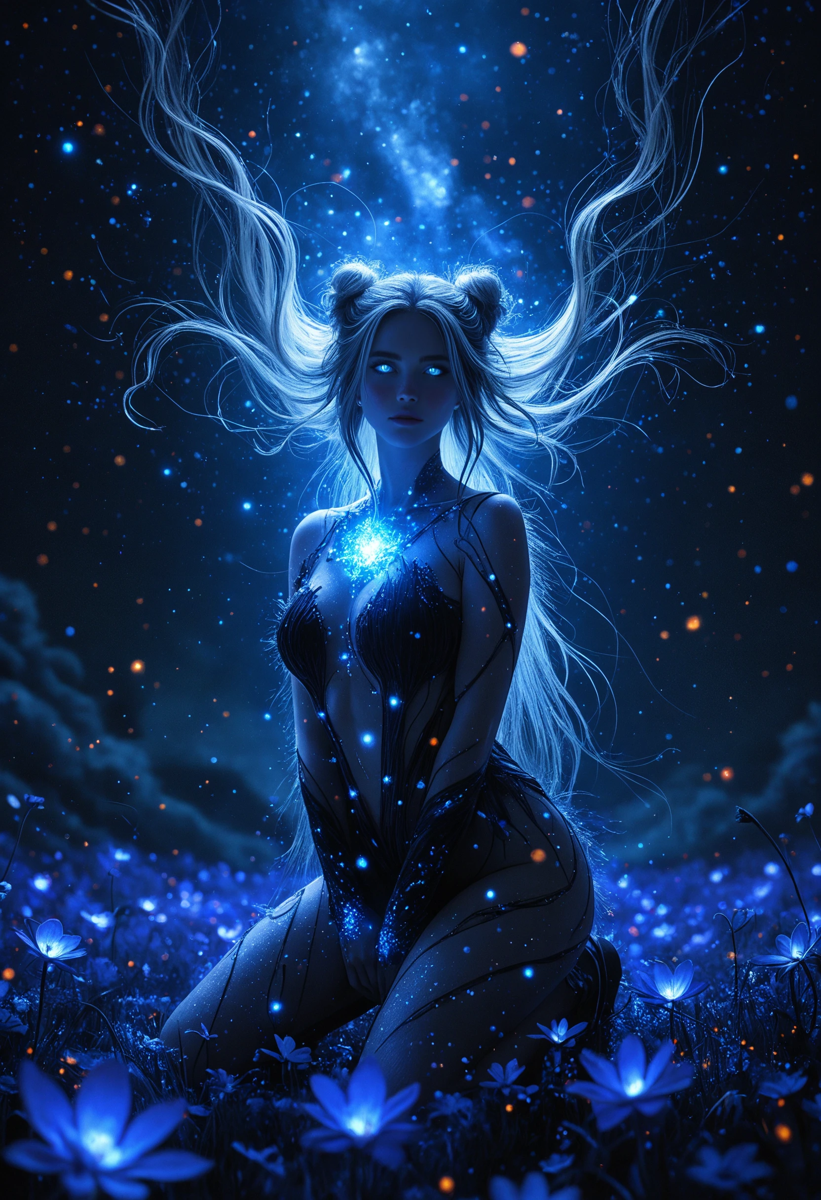 masterpiece, high_quality, highres, sharp_focus, detailed_eyes,
adult_woman, face_focus, looking_at_viewer, half_bun, very_long_hair, floating, messy_hair, front_particles, magical_forrest, glowing_flowers, fantasy, chromatic_colors,spread_kneeling, upper_body_view, night, dynamic, cinematic