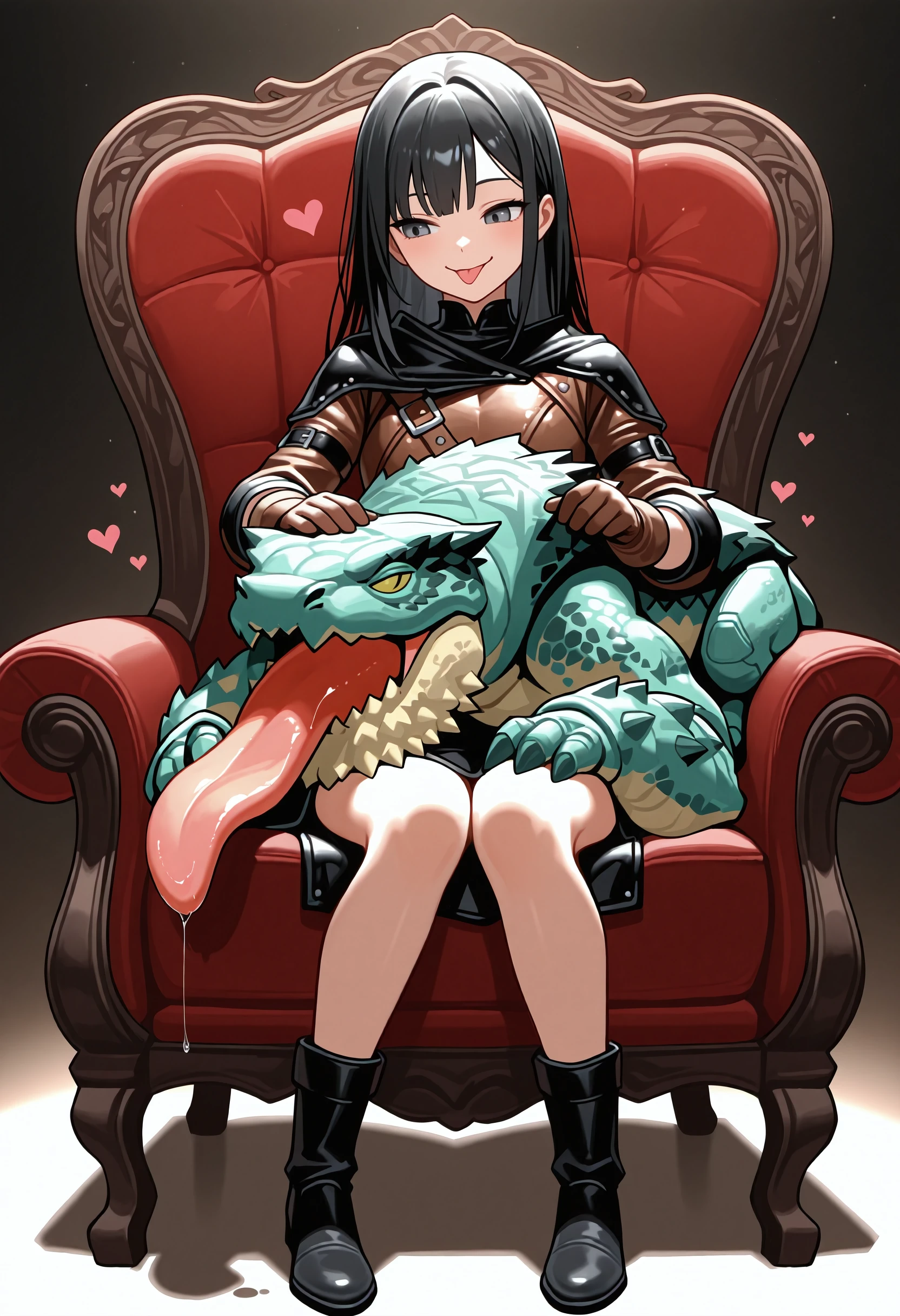 chatacabra, 1girl, black hair, gloves, leather tunic, sitting on chair, petting , masterpiece, best quality, absurdres, heart, smiling, full body, laying on lap , female focus, tongue, saliva, solo
