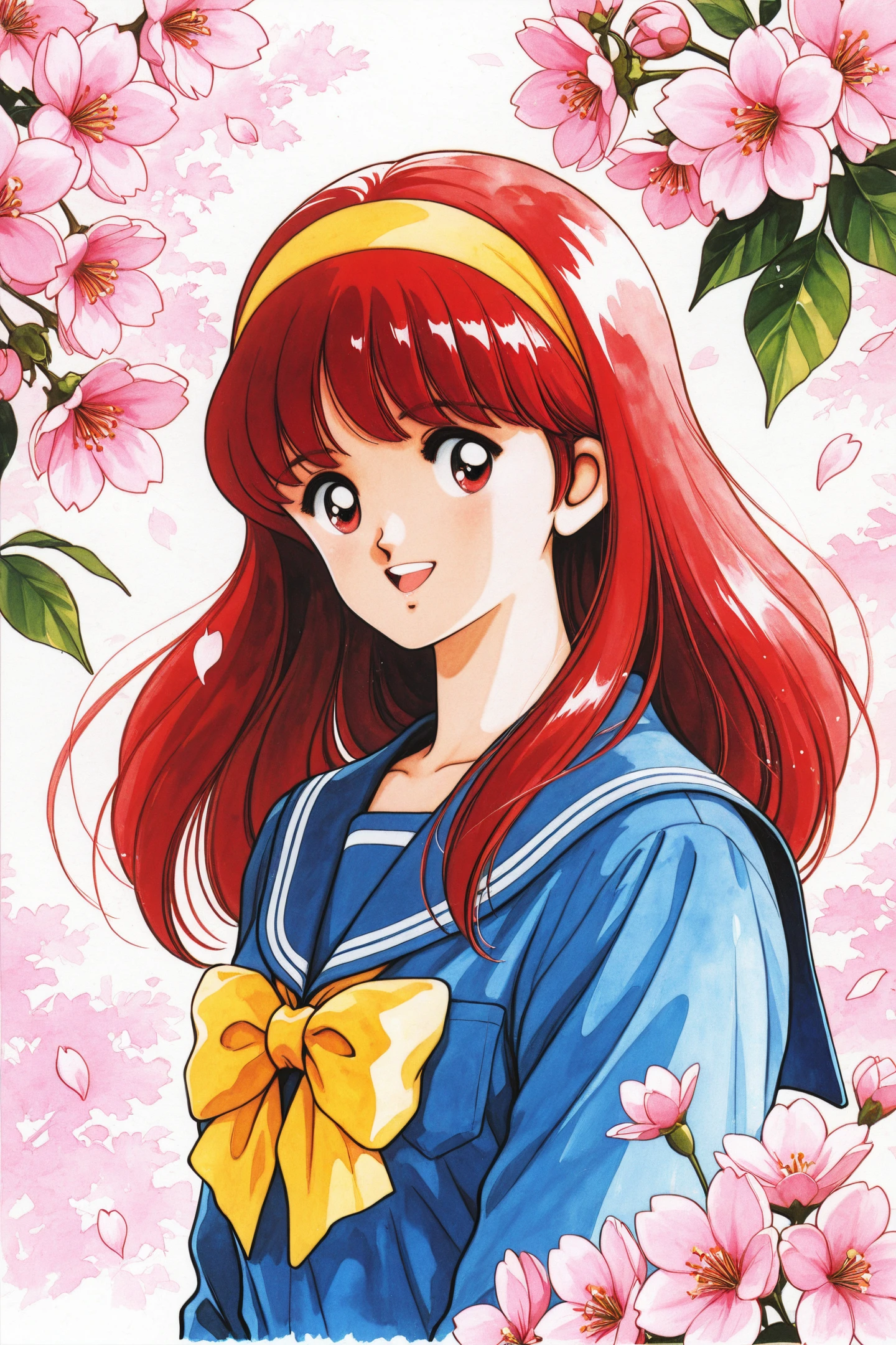 Fujisaki Shiori,1girl,solo,long hair,school uniform,retro artstyle,yellow hairband,1990s (style),red hair,blue serafuku,bow,sailor collar,yellow bow,blue sailor collar,red eyes,leaf,flower,cherry blossom,upper body,smile,open mouth,traditional media,
<lora:Tokimeki Memorial_illustriousXL:0.4>,
<lora:Adachi_illustriousXL:1>,