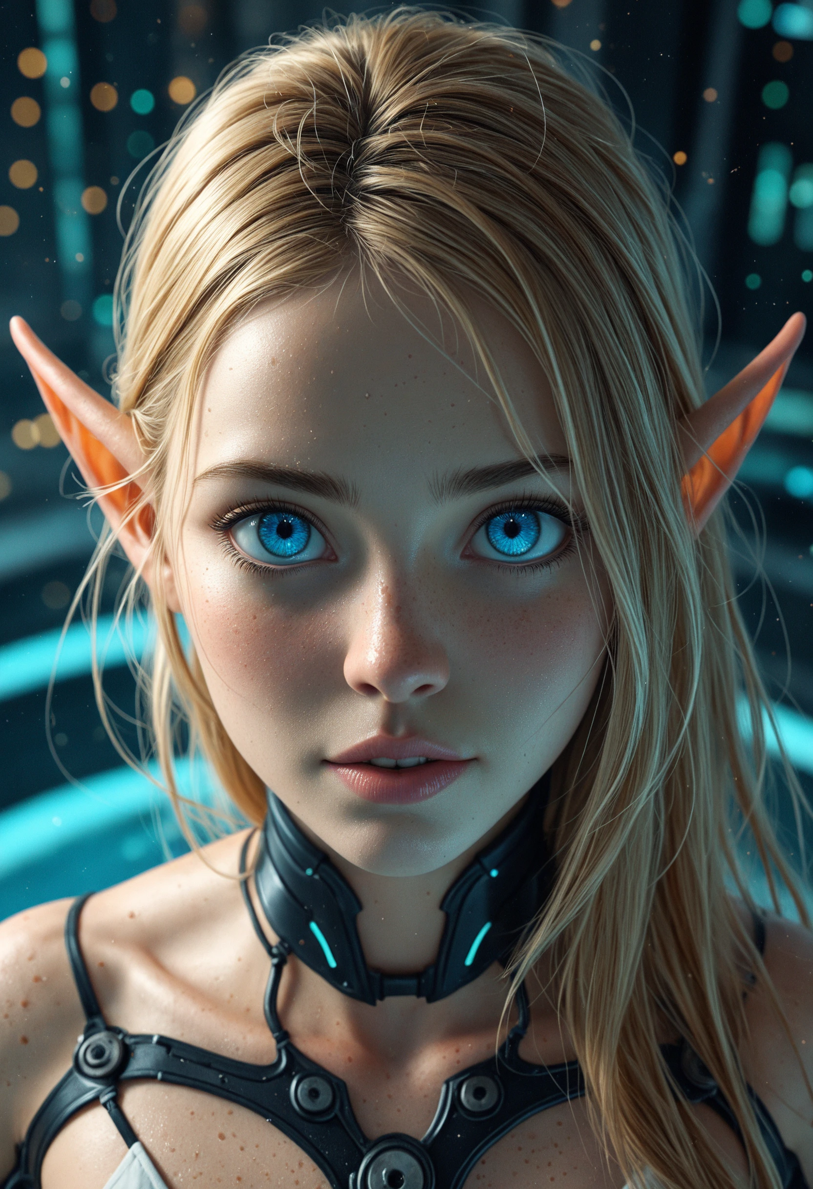 masterpiece, high_quality, highres, sharp_focus, detailed_eyes,
woman, face_focus, sea_blue_eyes, blonde_hair, brown_hair, long_hair, magical, looking_at_viewer, elf, halftone_background, fantasy, cyberpunk,wide_angle