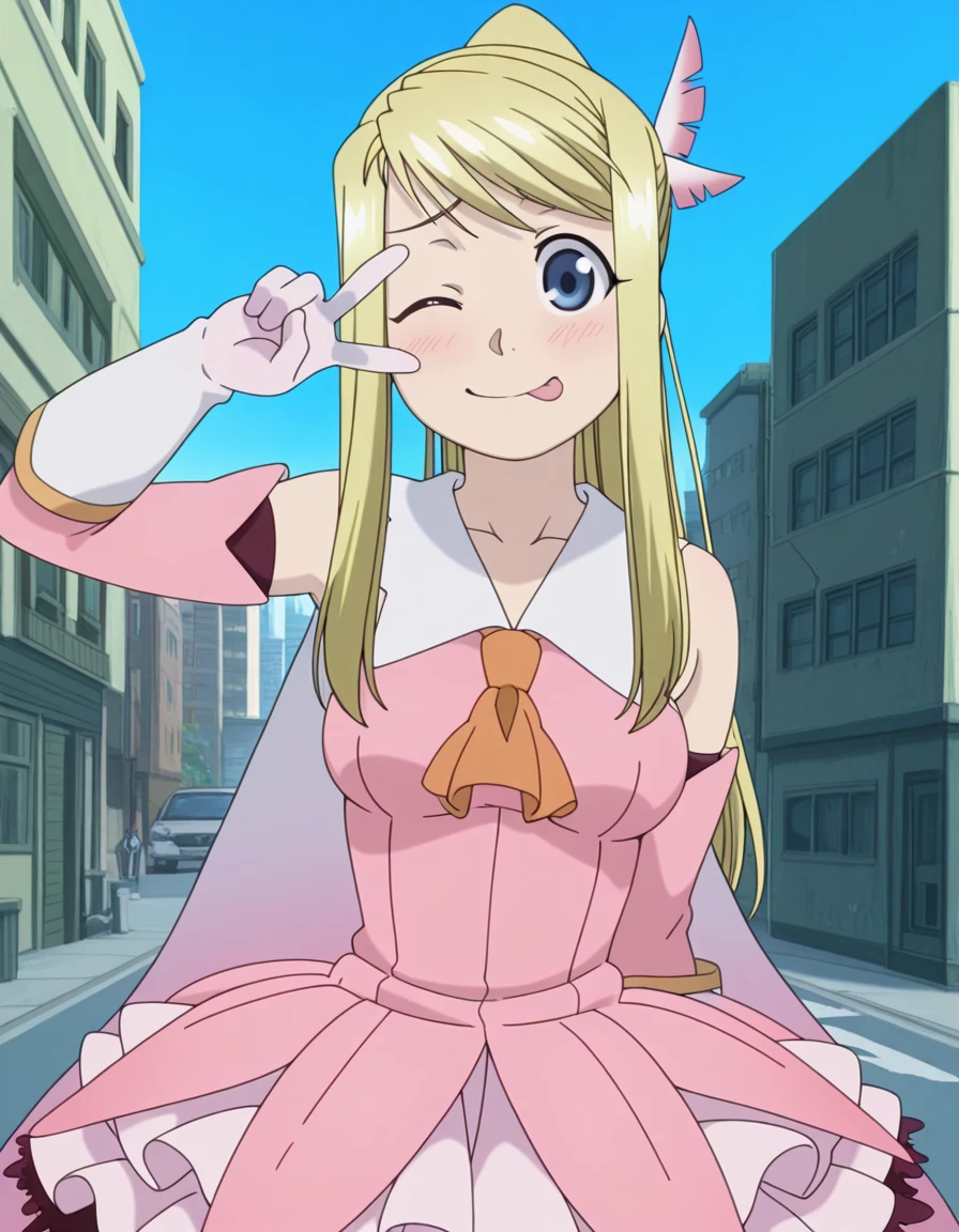 masterpiece, best quality, amazing quality,, <lora:winry-rockbell-anime-illustriousxl-lora-nochekaiser:1>, winry rockbell, blue eyes, blonde hair, mature female, breasts, anime screencap, <lora:prisma-illya-cosplay-ponyxl-lora-nochekaiser:1>, prismaillyacosplay, prisma illya (cosplay), dress, elbow gloves, feather hair ornament, feathers, frilled dress, frills, gloves, hair ornament, layered gloves, magical girl, orange ascot, pink dress, pink feathers, pink gloves, pink sleeves, white gloves,, cityscape, street, smile, blush, v, v over eye, one eye closed, tongue out, , cowboy shot, solo