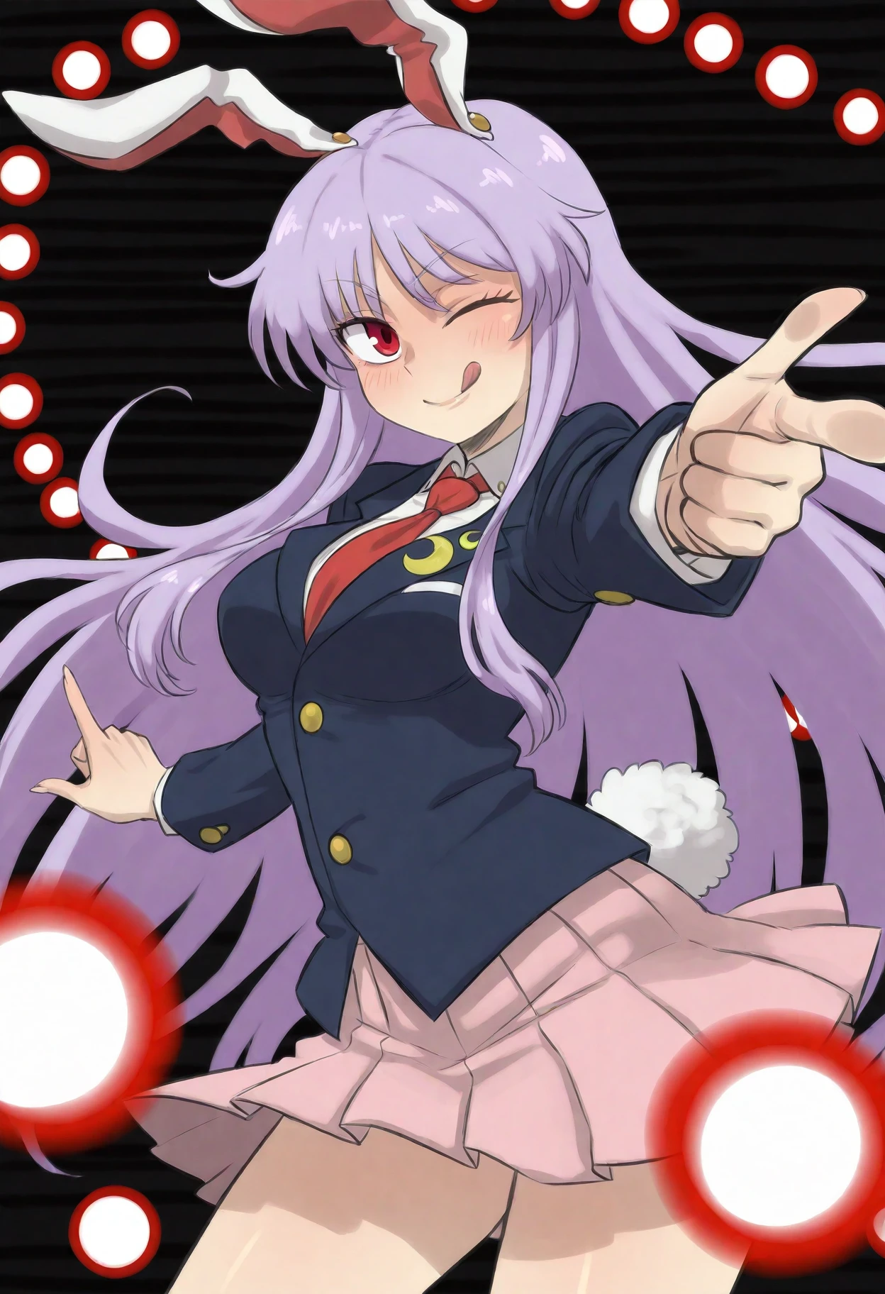 <lora:DittochadBlora02CLScMimicCWR3AdaFix:1>,M1C3S3D7C1H4B8L8R,uncensored,1girl, reisen udongein inaba, animal ears, solo, rabbit ears, long hair, skirt, necktie, tongue, one eye closed, tongue out, jacket, finger gun, crescent, shirt, red necktie, blazer, crescent pin, purple hair, rabbit girl, red eyes, collared shirt, pleated skirt, looking at viewer, smile, cowboy shot, white shirt, long sleeves, tail, very long hair, rabbit tail, ;q, pointing at viewer, danmaku, pointing, black jacket, blush, buttons, closed mouth, breasts, striped background,black background,
masterpiece, best_quality, very_awa, absurdres, very_as2, detailed_background, hdr, High_dynamic_range, rich_details, clear_shadows_and_highlights, intense, enhanced_contrast, highly_detailed, amazing_quality, very_aesthetic