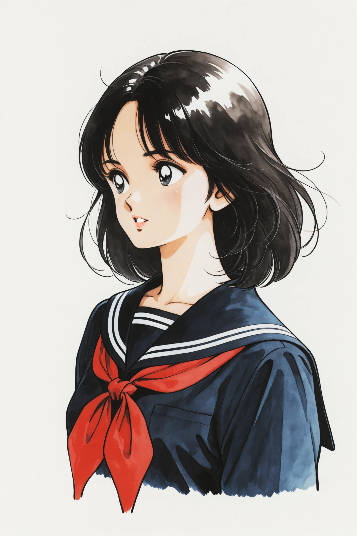1girl,solo,black hair,red neckerchief,neckerchief,upper body,black sailor collar,sailor collar,school uniform,black shirt,simple background,serafuku,shirt,white background,black serafuku,parted lips,medium hair,black eyes,cropped torso,retro artstyle,traditional media,watercolor \(medium\),
<lora:Adachi_illustriousXL:0.8>,