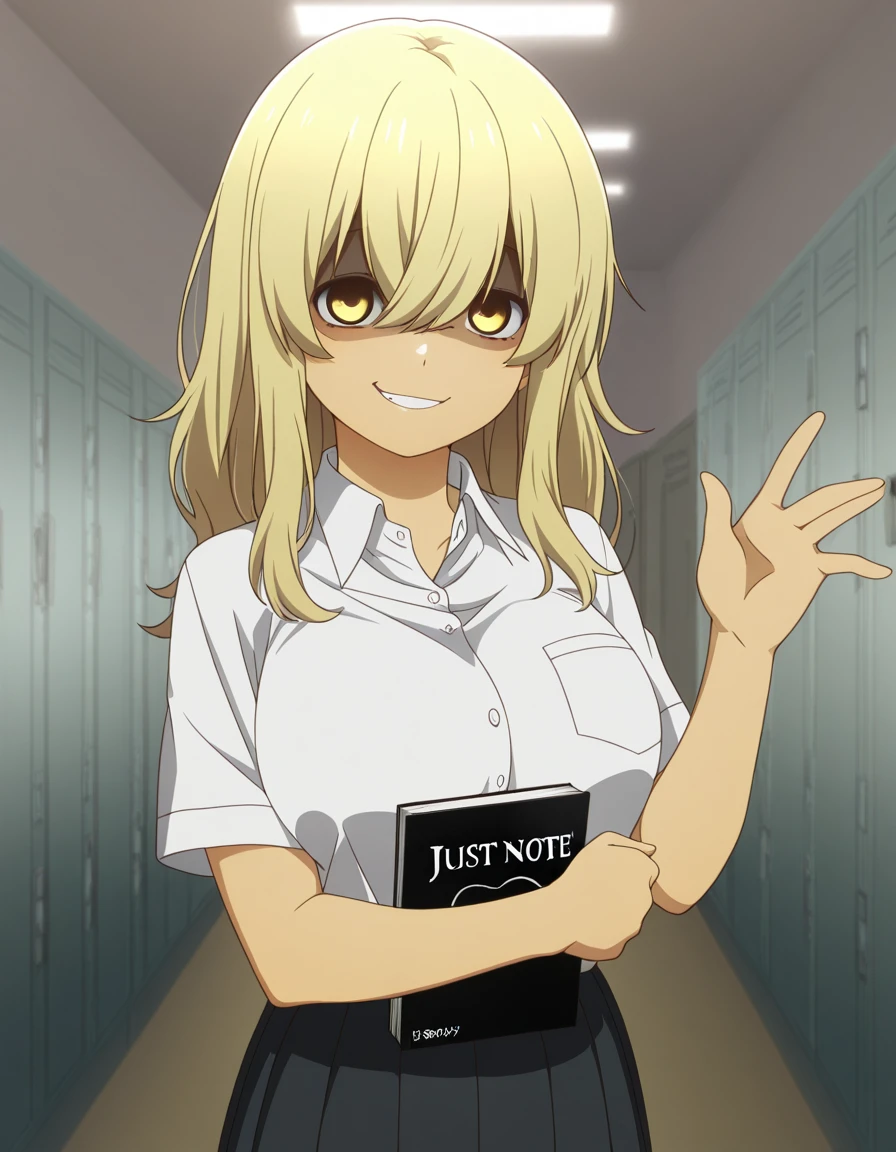 masterpiece, best quality, amazing quality,, <lora:kana-higa-s1-illustriousxl-lora-nochekaiser:1>, kana higa, long hair, bangs, blonde hair, hair between eyes, yellow eyes, mature female, breasts, anime screencap, skirt, school uniform, black skirt, collared shirt, short sleeves, pleated skirt, long skirt,, school hallway, lockers, between classes, everyday life, smile, just as planned (meme), meme, death note (object), parody, evil grin, evil smile, smirk, shaded face, looking at viewer, solo,, cowboy shot, solo