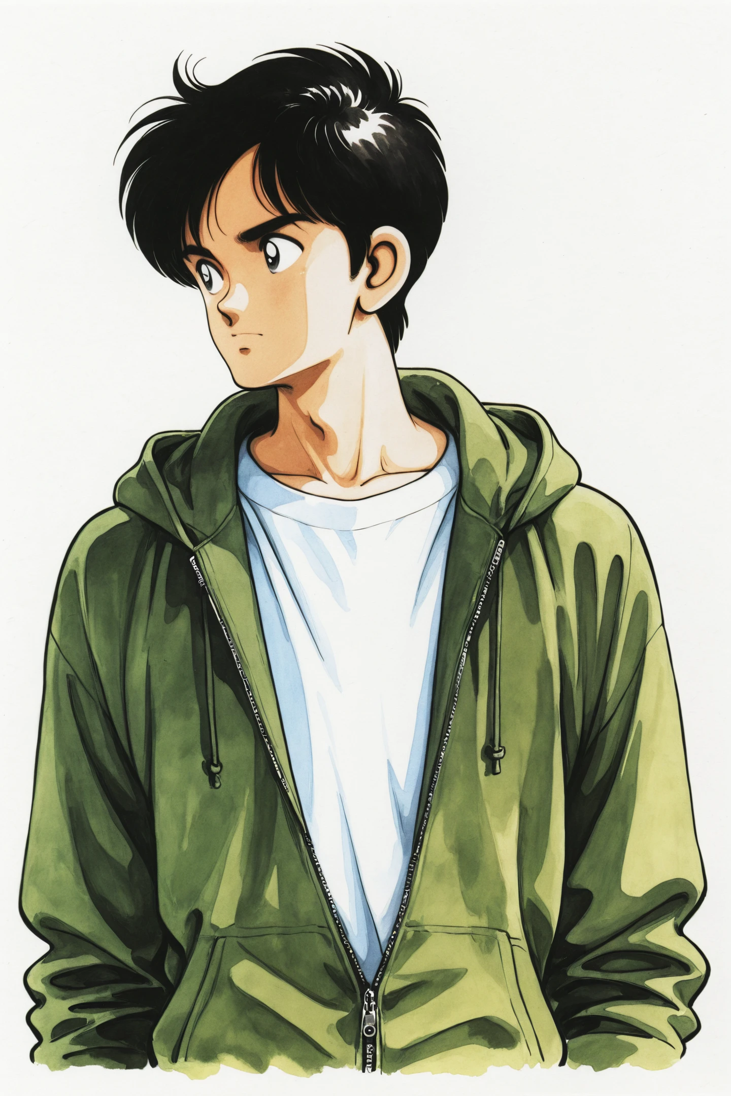 male focus,solo,1boy,black hair,hood,upper body,simple background,white background,hood down,hoodie,black eyes,looking away,looking to the side,zipper,green jacket,jacket,shirt,white shirt,hooded jacket,retro artstyle,green hoodie,traditional media,
<lora:Adachi_illustriousXL:0.8>,