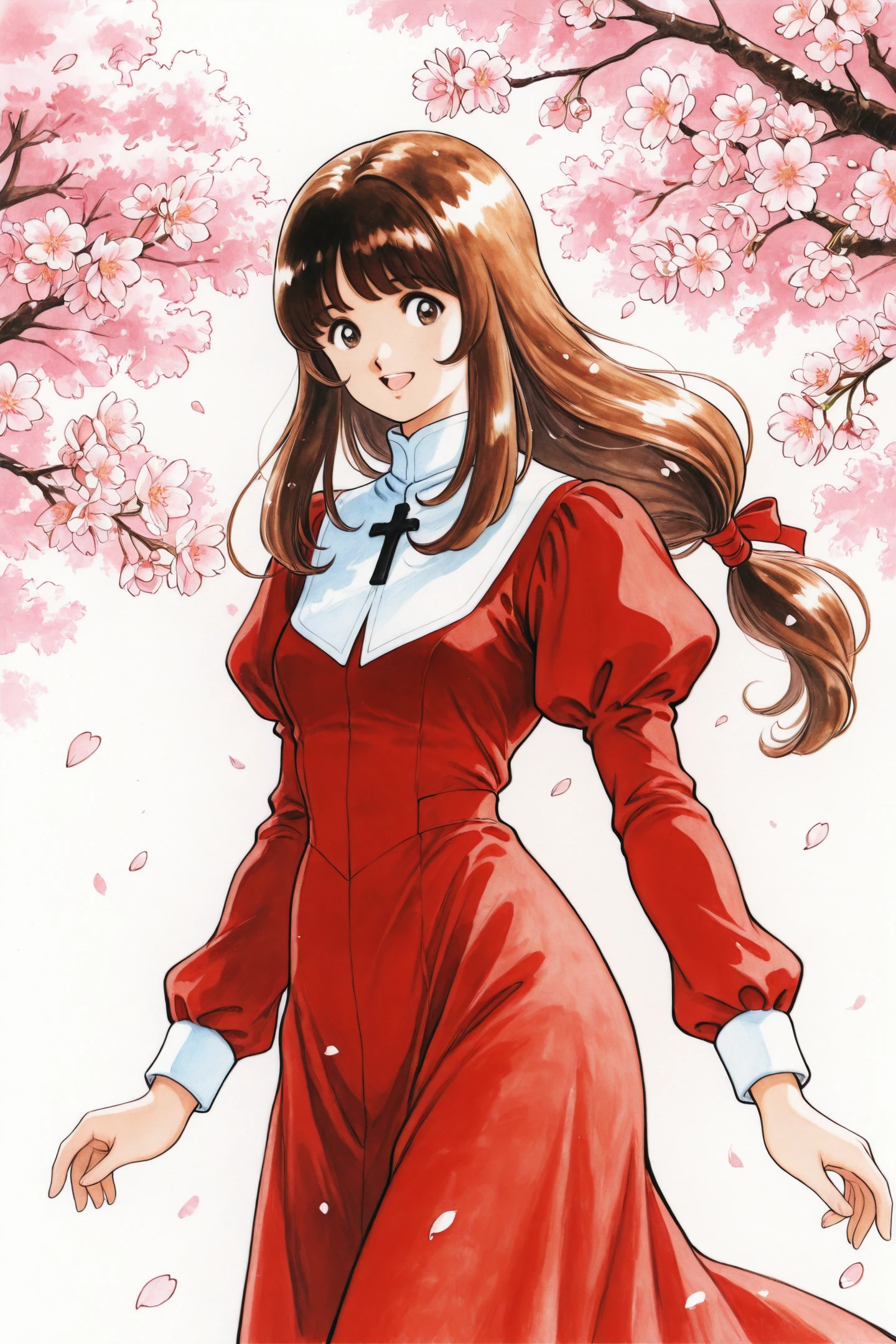 erica fontaine,1girl,solo,cowboy shot,smile,open mouth,looking at viewer,cherry blossoms,cross,brown hair,brown eyes,long hair,bangs,low tied hair,sidelocks,red dress,puffy sleeves,long sleeves,brown boots,long dress,traditional media,traditional media,
<lora:Sakura Wars_illustriousXL:0.5>,
<lora:Adachi_illustriousXL:1>,