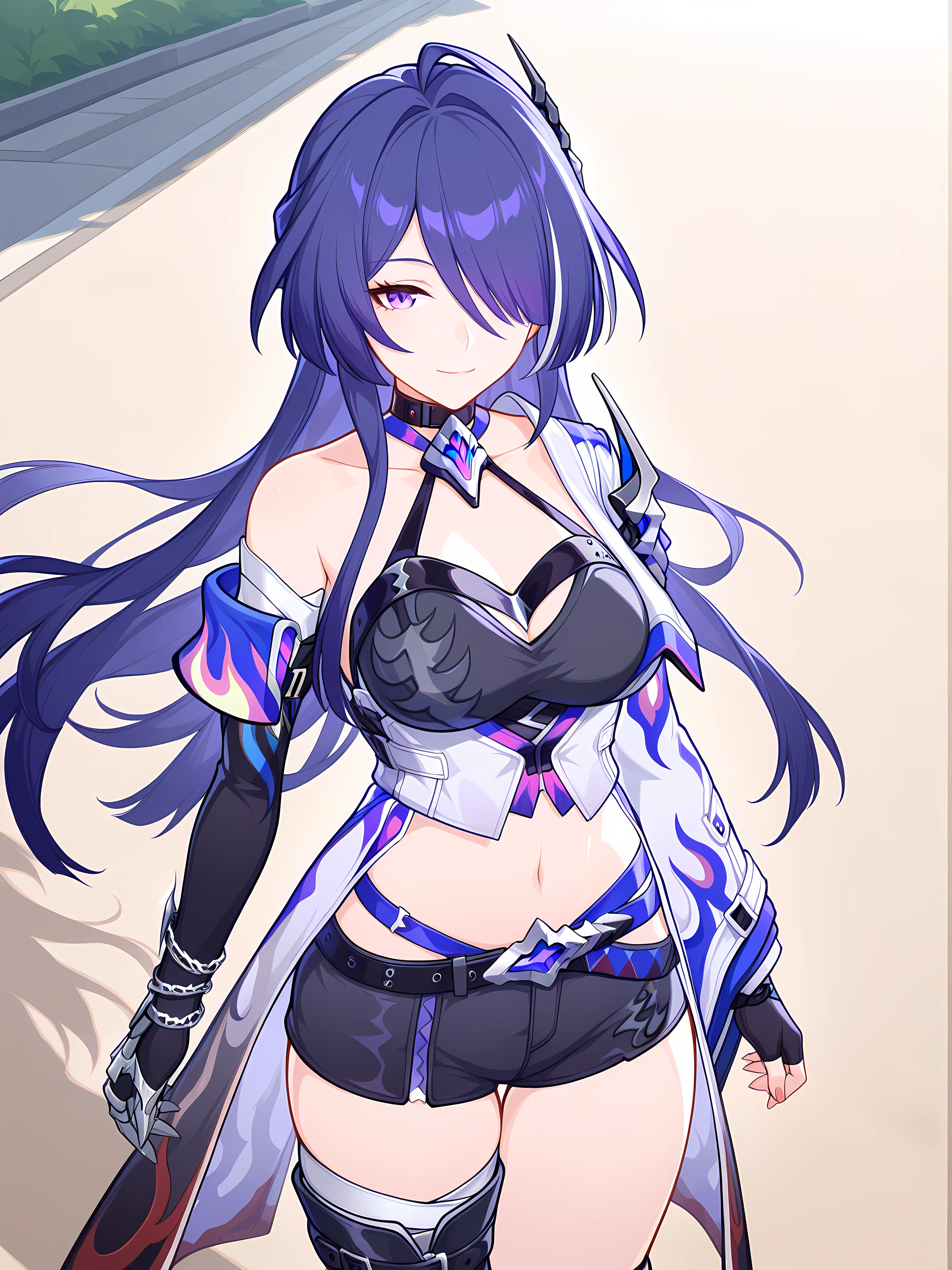 acheron_ilxl, 1girl, solo, black shorts, hair over one eye, purple eyes, purple hair, shorts, gloves, closed mouth, outdoors, navel, thighhighs, boots, bangs, bare shoulders, long hair, looking at viewer, smile, cowboy shot, 
<lora:Acheron-HSR-ILXL:1>, (masterpiece),(best quality),(ultra-detailed),(best illustration),(best shadow),(absurdres),(detailed background),(very aesthetic),