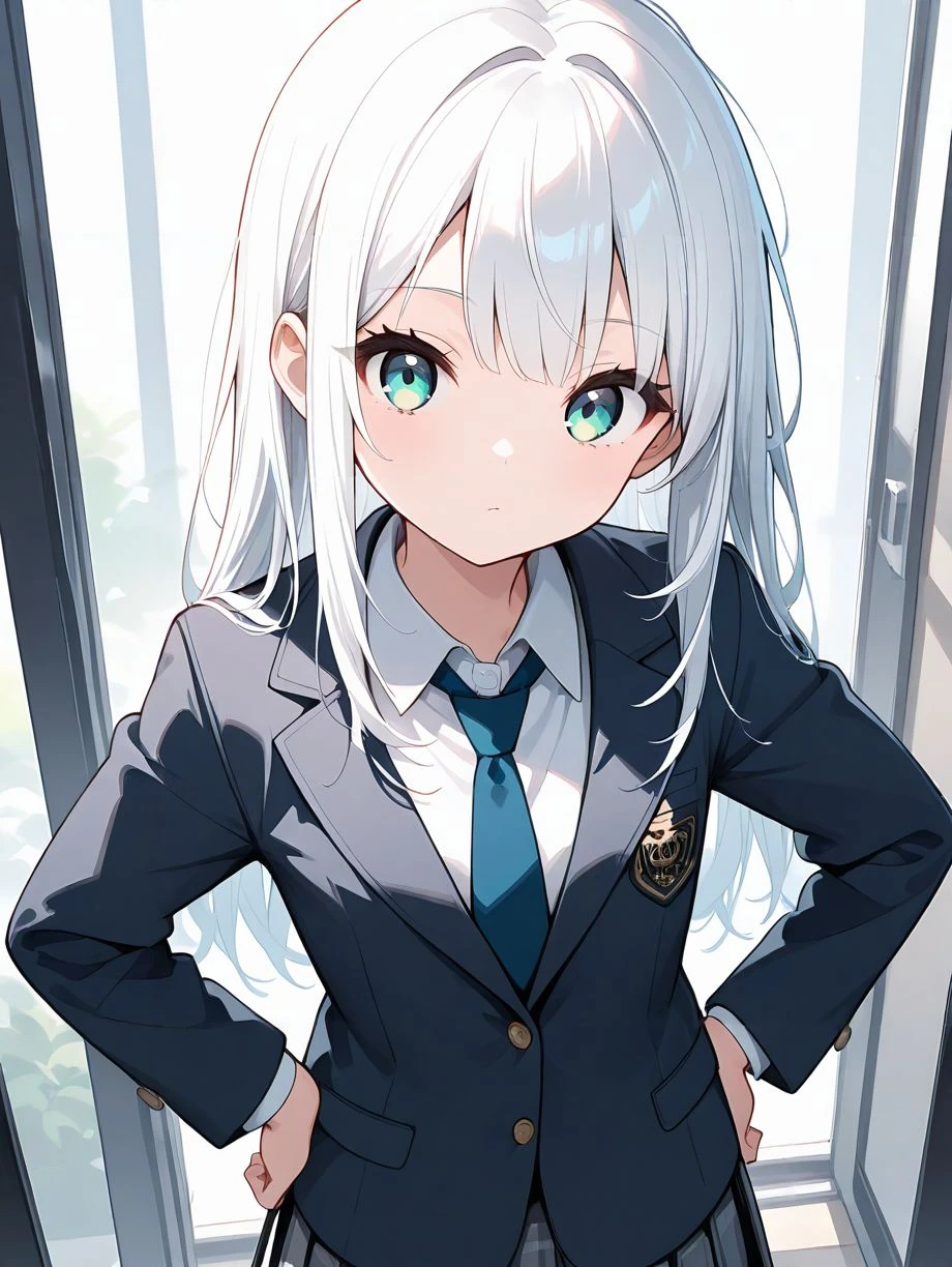 score_9, score_8_up, score_7_up,source_anime, high res image,masterpiece,best quality,cute girl,cute face,kawaii,clear skin,shiny hair,beautiful eyes,eyelashes, white hair, blue-greesn shiny eyes,long hair,straight hair, messy hair,eyelashes,bangs,kawaii,cute,slender,girl,middle breasts,real skin, <lora:brazer_pony_V1.0:1> blazer, shirt, skirt, necktie,hands in hip