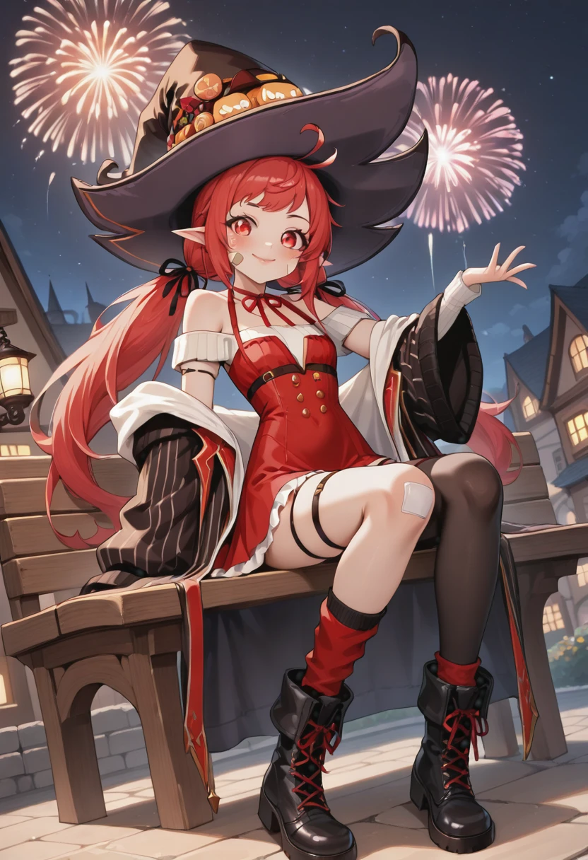 masterpiece,best quality,absurdres,perfect lighting,fantasy,town,night sky,fireworks,aerial fireworks,wooden bench,sitting,
*//*,<lora:DFO_WitchNeo-Illustrious:1>,witch_neo,1girl,solo,red hair,long hair,low twintails,ahoge,red eyes,pointy ears,witch,witch hat,red dress,red skirt,off shoulder,neck ribbon,red ribbon,coat,long sleeves,single thighhigh,thigh strap,boots,black footwear,asymmetrical legwear,bandaid,bandaid on face,full body,smile,closed mouth,(pink lips:0.8),
*//*,looking at viewer,cowboy shot,dutch angle,dynamic pose,