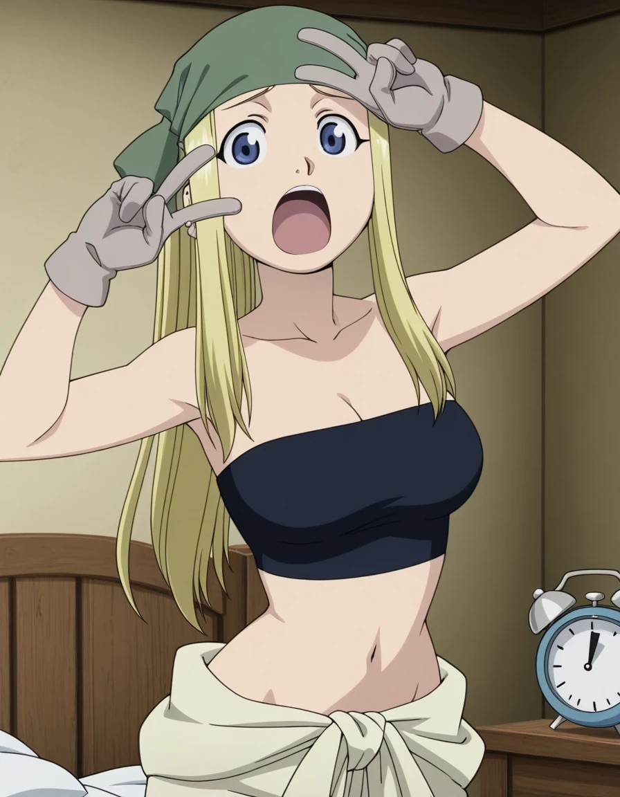 masterpiece, best quality, amazing quality,, <lora:winry-rockbell-anime-illustriousxl-lora-nochekaiser:1>, winry rockbell, blue eyes, blonde hair, mature female, breasts, anime screencap, gloves, navel, cleavage, bare shoulders, collarbone, earrings, midriff, pants, stomach, bare arms, strapless, bandana, bandeau, tube top, grey gloves,, bedroom, alarm clock, morning routine, yawning, stretching, on bed, , v, v over eyes, looking at viewer, solo,, cowboy shot, solo
