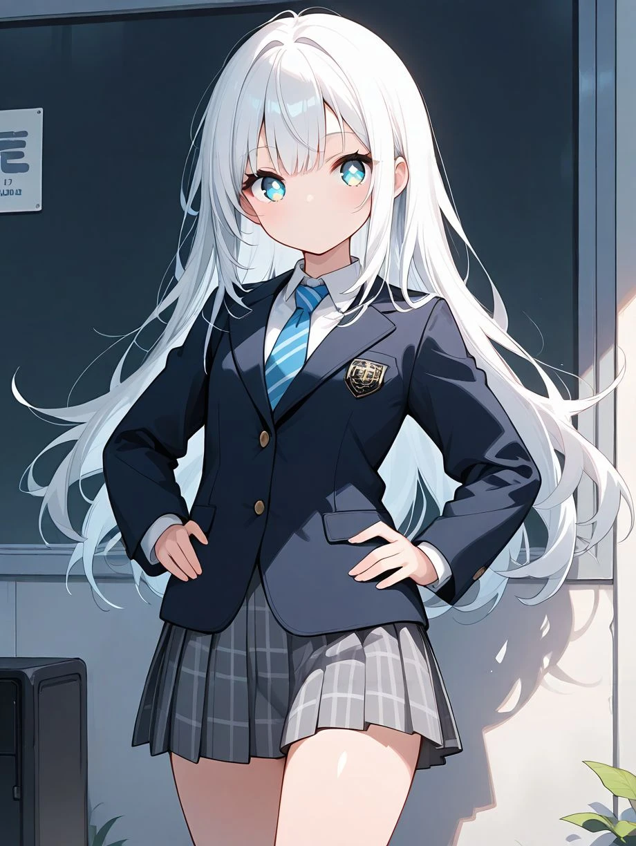 score_9, score_8_up, score_7_up,source_anime, high res image,masterpiece,best quality,cute girl,cute face,kawaii,clear skin,shiny hair,beautiful eyes,eyelashes, white hair, blue-greesn shiny eyes,long hair,straight hair, messy hair,eyelashes,bangs,kawaii,cute,slender,girl,middle breasts,real skin, <lora:brazer_pony_V1.0:1> blazer, shirt, skirt, necktie,hands in hip,thighs,