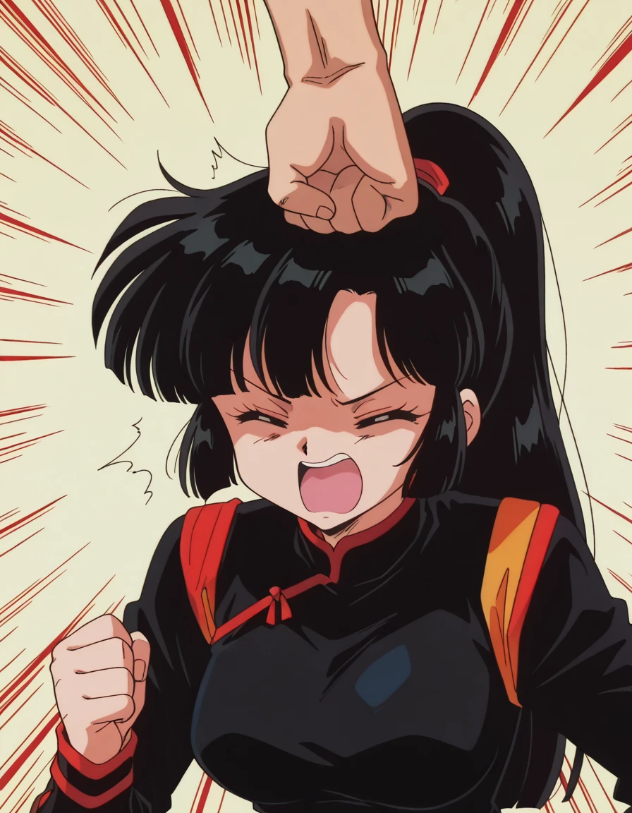 masterpiece, best quality, amazing quality,, <lora:inuyasha-sango-ponyxl-lora-nochekaiser:1>, sango, long hair, black hair, retro artstyle, ponytail, medium breasts, anime screencap, <lora:punching-top-of-head-illustriousxl-lora-nochekaiser:1>, punching top of head, punching, emphasis lines, open mouth, clenched fist, closed eyes, simple background, , ,