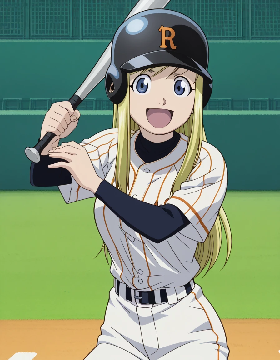 masterpiece, best quality, amazing quality,, <lora:winry-rockbell-anime-illustriousxl-lora-nochekaiser:1>, winry rockbell, blue eyes, blonde hair, mature female, breasts, anime screencap, <lora:batting-stance-ponyxl-lora-nochekaiser:1>, batting stance, looking at viewer, smile, open mouth, baseball bat, holding baseball bat, <lora:baseball-uniform-ponyxl-lora-nochekaiser:1> baseball uniform, baseball, striped belt, shirt under shirt, sportswear, ribbed shirt, baseball helmet, baseball bat, baseball jersey, baseball field,, , cowboy shot, solo