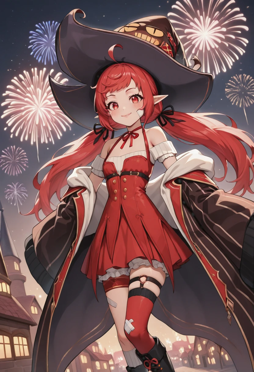 masterpiece,best quality,absurdres,perfect lighting,fantasy,town,night sky,fireworks,aerial fireworks,
*//*,<lora:DFO_WitchNeo-Illustrious:1>,witch_neo,1girl,solo,red hair,long hair,low twintails,ahoge,red eyes,pointy ears,witch,witch hat,red dress,off shoulder,neck ribbon,red ribbon,coat,long sleeves,single thighhigh,thigh strap,boots,black footwear,asymmetrical legwear,bandaid,bandaid on face,full body,smile,closed mouth,(pink lips:0.8),
*//*,looking at viewer,cowboy shot,dutch angle,dynamic pose,