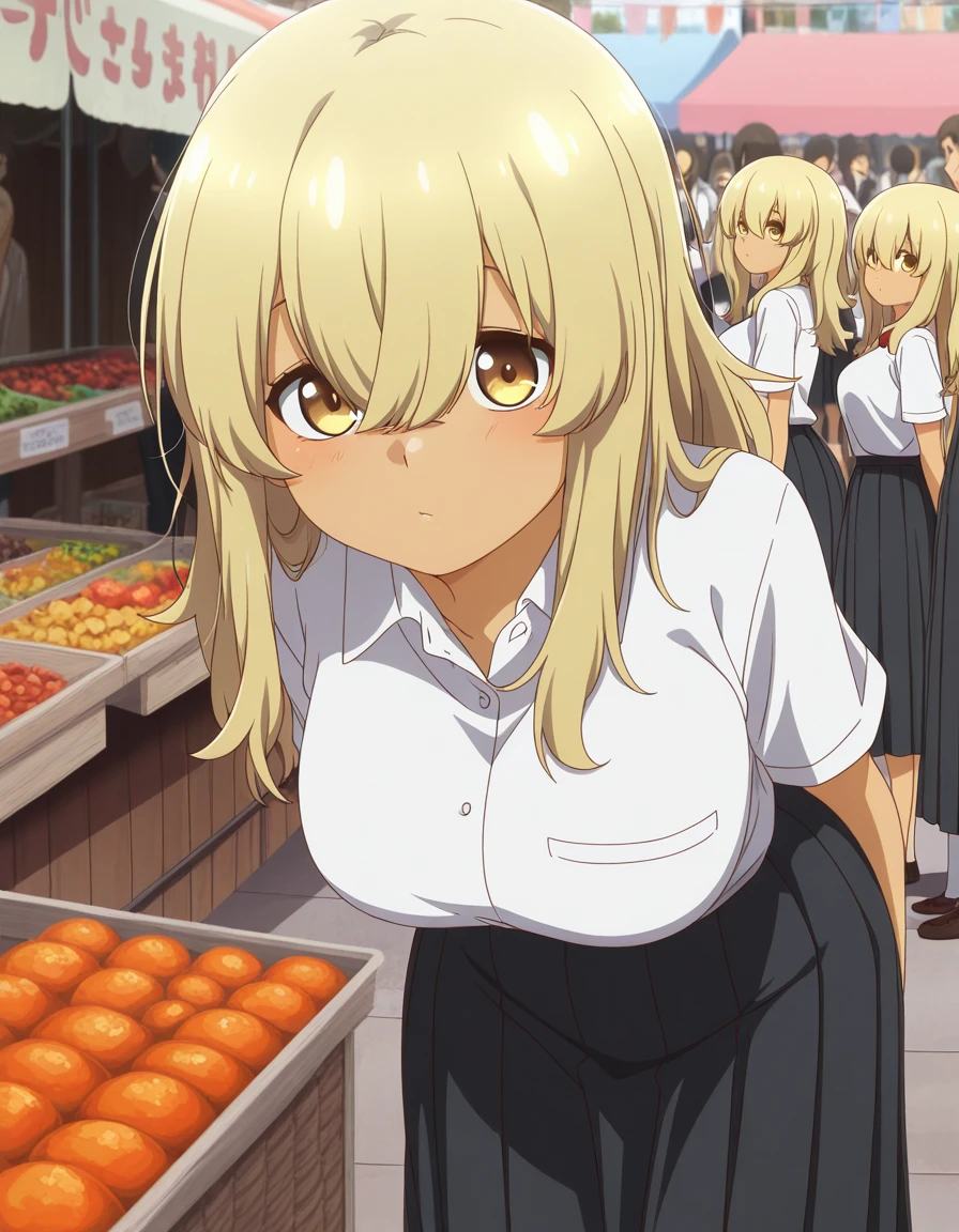 masterpiece, best quality, amazing quality,, <lora:kana-higa-s1-illustriousxl-lora-nochekaiser:1>, kana higa, long hair, bangs, blonde hair, hair between eyes, yellow eyes, mature female, breasts, anime screencap, skirt, school uniform, black skirt, collared shirt, short sleeves, pleated skirt, long skirt,, market, stalls, people, food, trade, , leaning forward, looking at viewer, solo,, cowboy shot, solo
