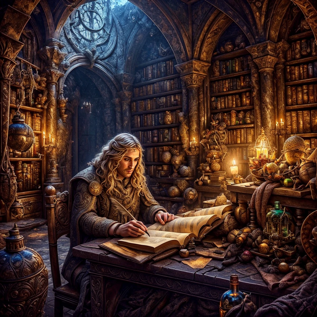 RAW photo, (masterpiece:1.3), subsurface scattering, heavy shadow, (high quality:1.4), (intricate, high detail:1.2), professional photography, HDR, High Dynamic Range, realistic, ultra realistic, photorealistic, high resolution, film photography, ambient lighting, atmospheric effects, <lora:detail_slider_v4:2>, OverallDetail, <lora:FantasyStudy:1> , arch, birdcage, blonde hair, book, bottle, candle, chair, day, fanstu, holding, indoors, ladder, library, male focus, quill, sitting, table