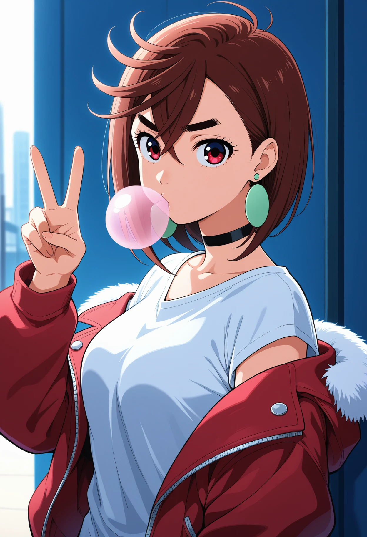 masterpiece, best quality, good quality,
1girl, ayase momo, black choker, blowing bubbles, breasts, brown hair, chewing gum, choker, crossed bangs, earrings, fur-trimmed jacket, fur trim, jacket, jacket partially removed, jewelry, long shirt, looking at viewer, medium breasts, red eyes, red jacket, shirt, short hair, solo, upper body, v, white shirt