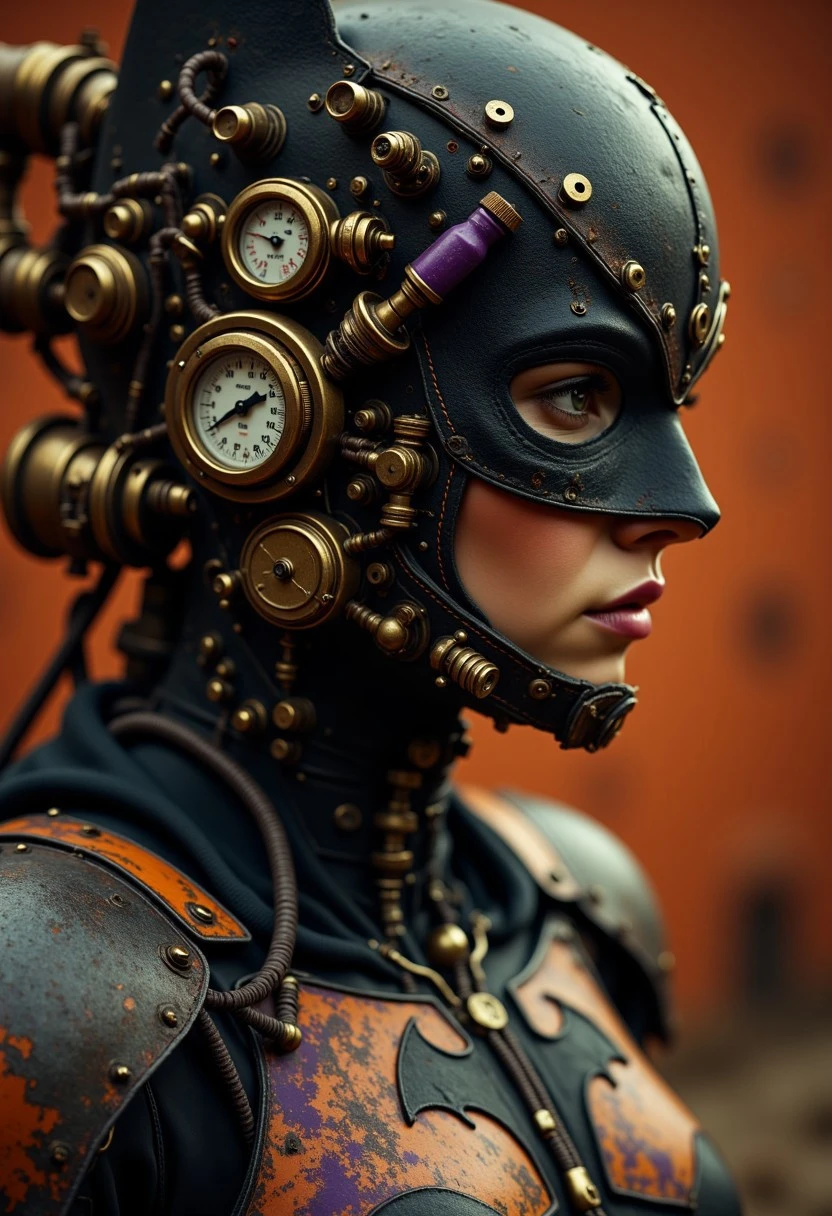cpstyle01, The image is a high-resolution CGI rendering, focusing on the lower half of Batgirl’s face and upper neck. Her lips, painted in a deep, weathered dark-purple, are slightly parted, revealing a glimpse of determination beneath the mask. Her cowl is a steampunk-inspired reinterpretation of the classic Batgirl design—predominantly black/grey, with faded purple brass-like accents. The material appears worn, a mix of matte metal plating and reinforced leather, as if shaped by time and battle.
Intricate brass gears and delicate copper tubing weave into the design, giving the mask an industrial, almost mechanical elegance. Small, round manometer gauges are embedded into the sides of her armor, their foggy glass faces displaying fluctuating pressure readings. The mask extends seamlessly down to her collar, merging into a high-tech yet old-world suit—stitched leather reinforced with faded orange brass plating, with steam-vent nozzles faintly hissing in the cold air.
The background is a desaturated, sun-bleached orange, fading into deep shadows, evoking a dystopian Gotham where steam rises from the streets and gaslight flickers through the haze. The armor reflects only soft, diffused highlights, enhancing the vintage, melancholic atmosphere. Batgirl stands at the threshold between past and future, a figure of justice wrapped in the remnants of a bygone mechanical age.