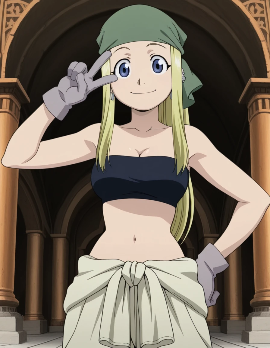 masterpiece, best quality, amazing quality,, <lora:winry-rockbell-anime-illustriousxl-lora-nochekaiser:1>, winry rockbell, blue eyes, blonde hair, mature female, breasts, anime screencap, gloves, navel, cleavage, bare shoulders, collarbone, earrings, midriff, pants, stomach, bare arms, strapless, bandana, bandeau, tube top, grey gloves,, mosque, dome, prayer, holy, architecture, smile, v, v over eyes, looking at viewer, solo,, cowboy shot, solo