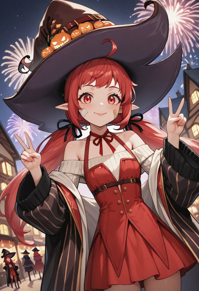 masterpiece,best quality,absurdres,perfect lighting,fantasy,town,night sky,fireworks,aerial fireworks,solo focus,
*//*,<lora:DFO_WitchNeo-Illustrious:1>,witch_neo,1girl,solo,red hair,long hair,low twintails,ahoge,red eyes,pointy ears,witch,witch hat,red dress,red skirt,off shoulder,neck ribbon,red ribbon,coat,long sleeves,bandaid,bandaid on face,upper body,v,smile,doyagao,closed mouth,(pink lips:0.8),
*//*,looking at viewer,cowboy shot,dutch angle,dynamic pose,